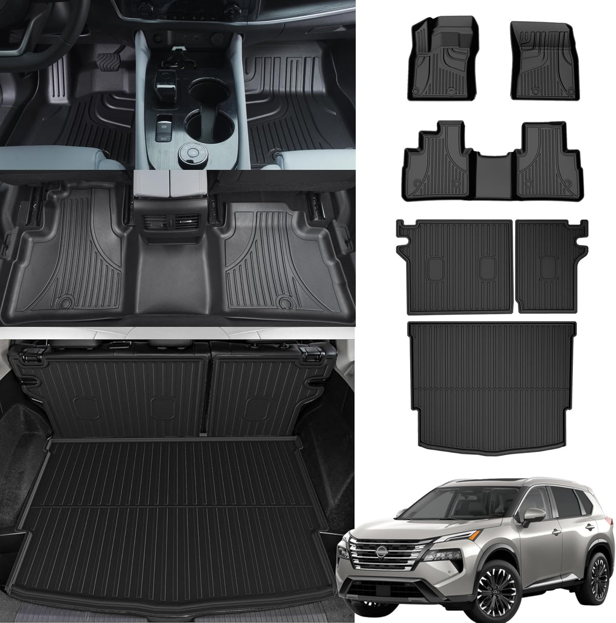 AOMSAZTO Full Set Floor Mats for Nissan Rogue 2021-2025 (Not for Rogue Sport) All Weather Custom Fit TPE 1st 2nd Row Rear Trunk 