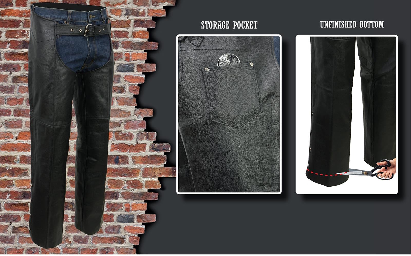 Event Biker El1117Bo Black Real Premium Leather Motorcycle Chaps For Men - Premium Leather Riding Chaps - Large