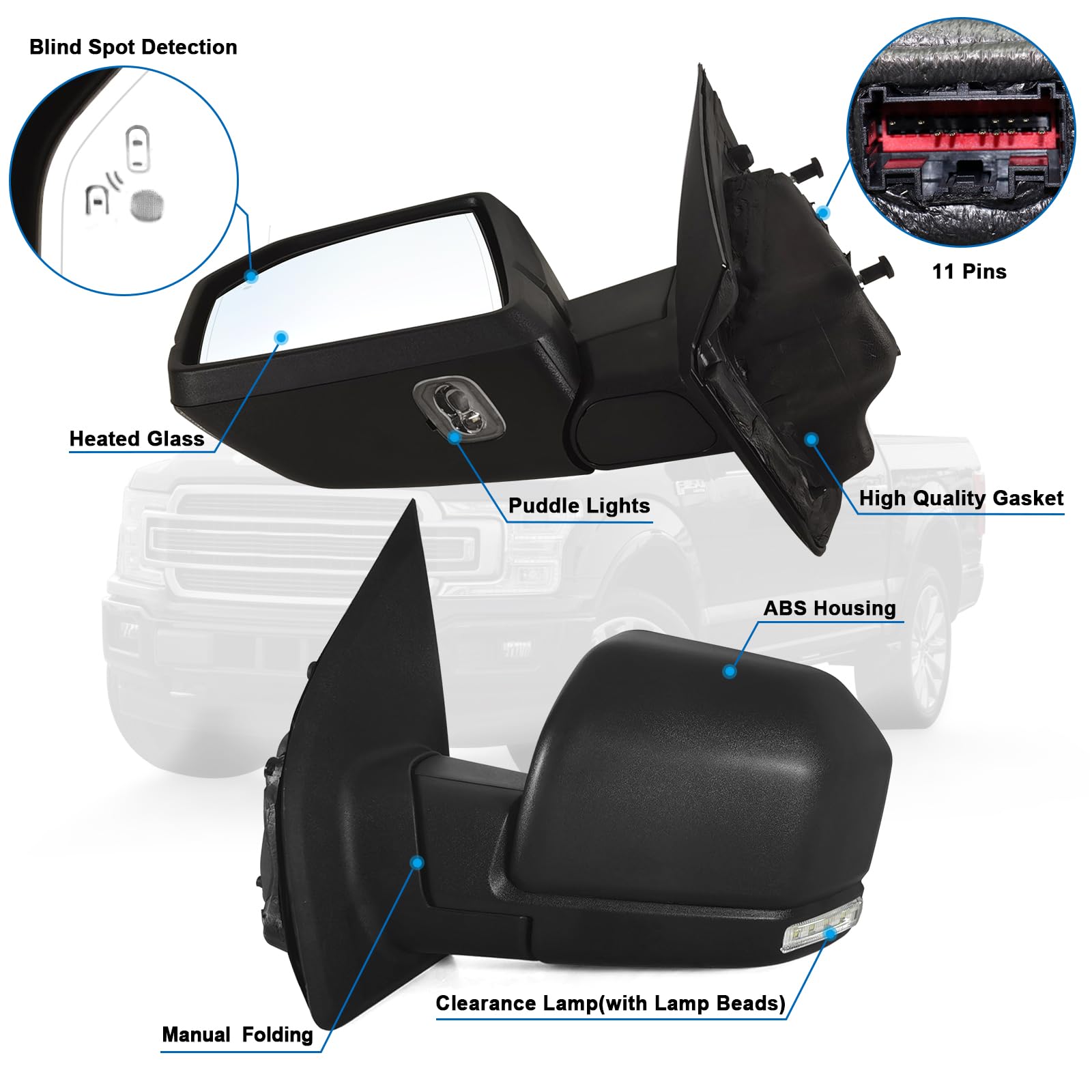 Lqito Left Driver Door Mirror with Power Glass,Heated, Puddle Lights,Clearnce Lamp,Blind Spot Detection and Manual Folding Fits