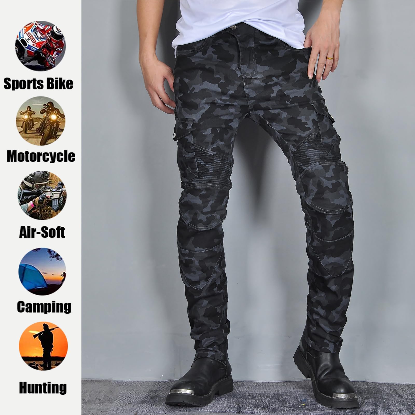 LOMENG Motorcycle Pants Motorbike Riding Denim Jeans Biker Motocross Pants with CE Removable Armored for Men Blue Camouflage M