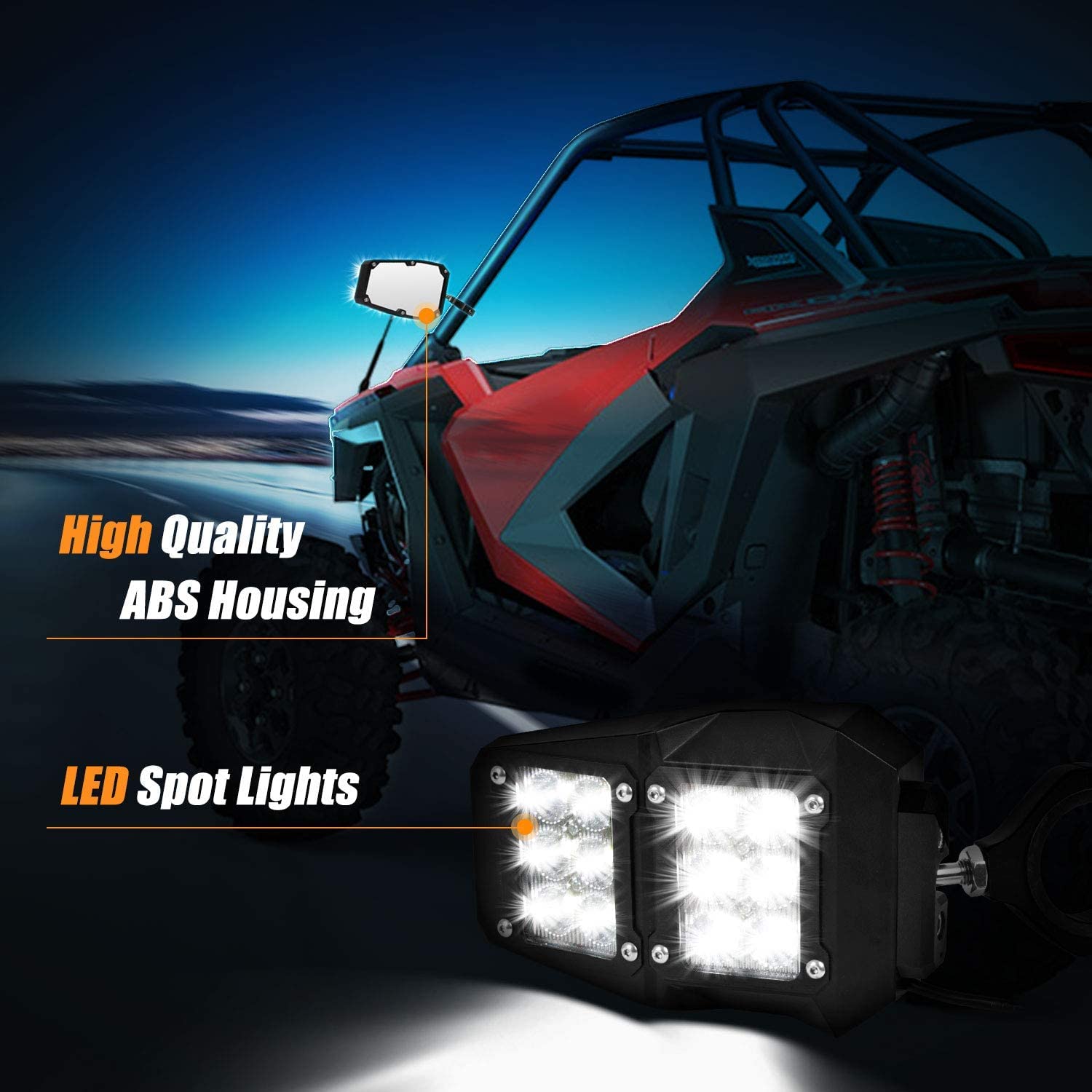 Utv Offroad Led Spot Light Side Rear View Mirrors For 1.75-2 Inch Roll Bar Cage Compatible With Polaris Rzr Xp 900 1000 Can Am X3 Yamaha Rhino Honda Pioneer Talon Kawasaki Teryx Include Light Switch