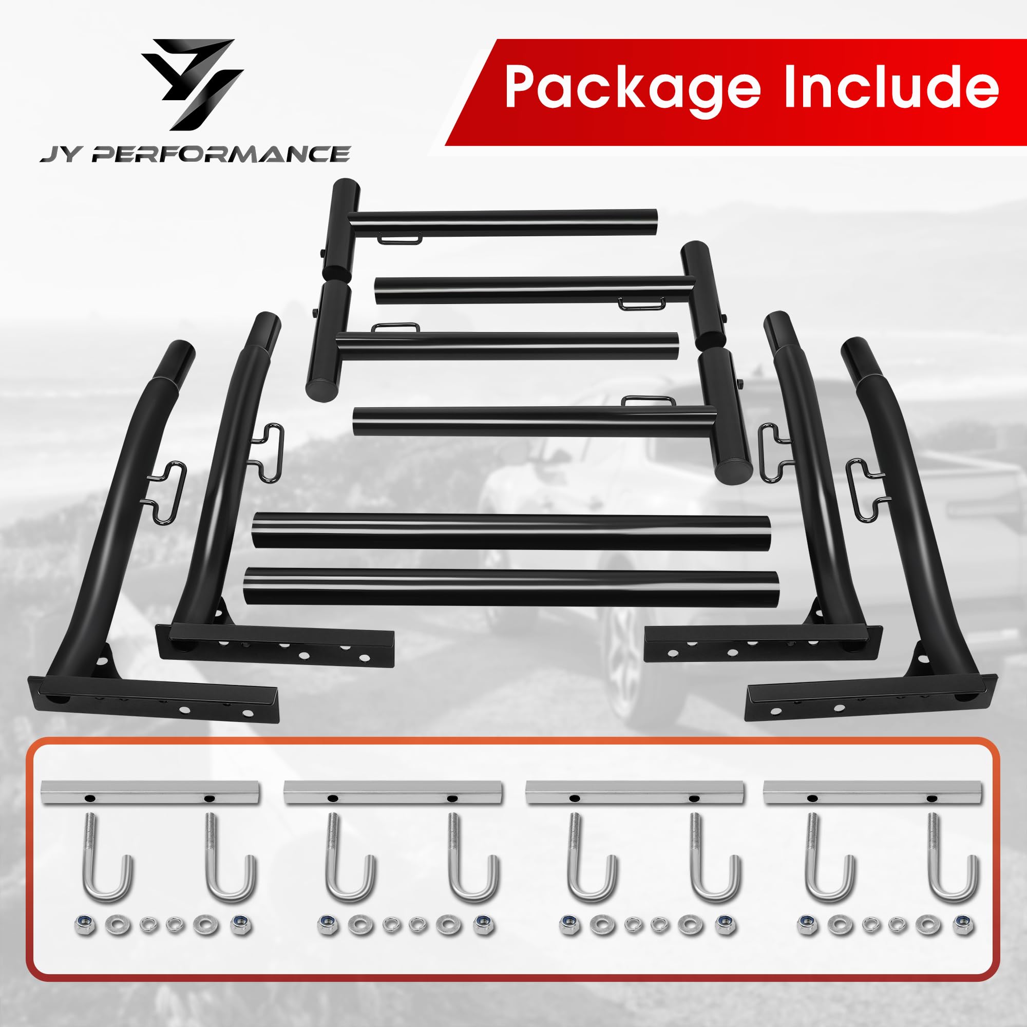 JY PERFORMANCE Truck Ladder Racks 800Ibs Capacity Extendable Pick-up Truck Bed Ladder Rack, Universal Heavy Duty (J-Bolt Clamps)