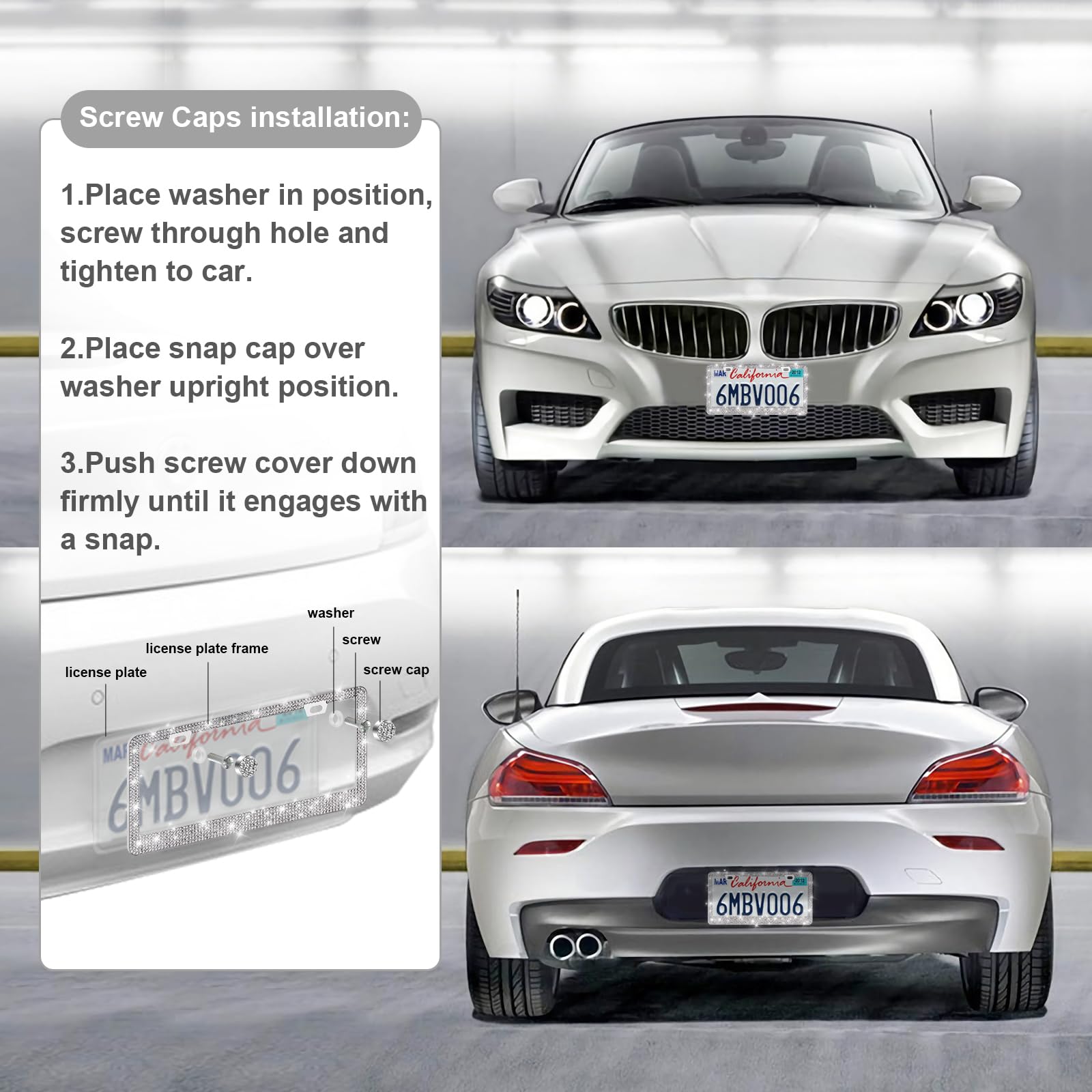 Quanqiufei 2 Pack Bling License Plate Frames For Women, Sparkly Rhinestone Diamond Car Accessories With Glitter Crystal Caps (Si