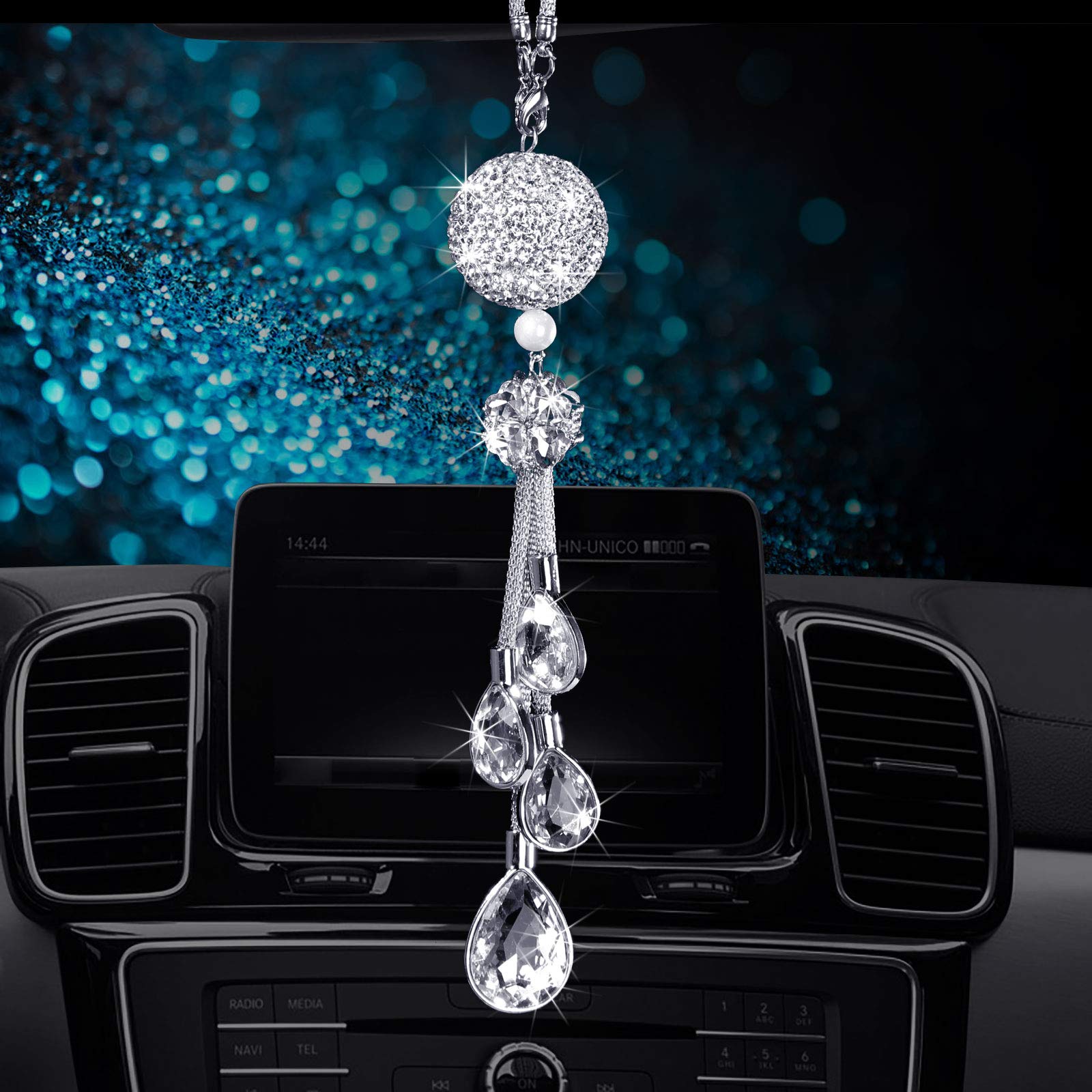 Bling Rear View Mirror Accessories For Women, Lucky Car Interior Rearview Crystal Decor Charm, Rhinestone Ball Ornament Sun Catcher Pendant