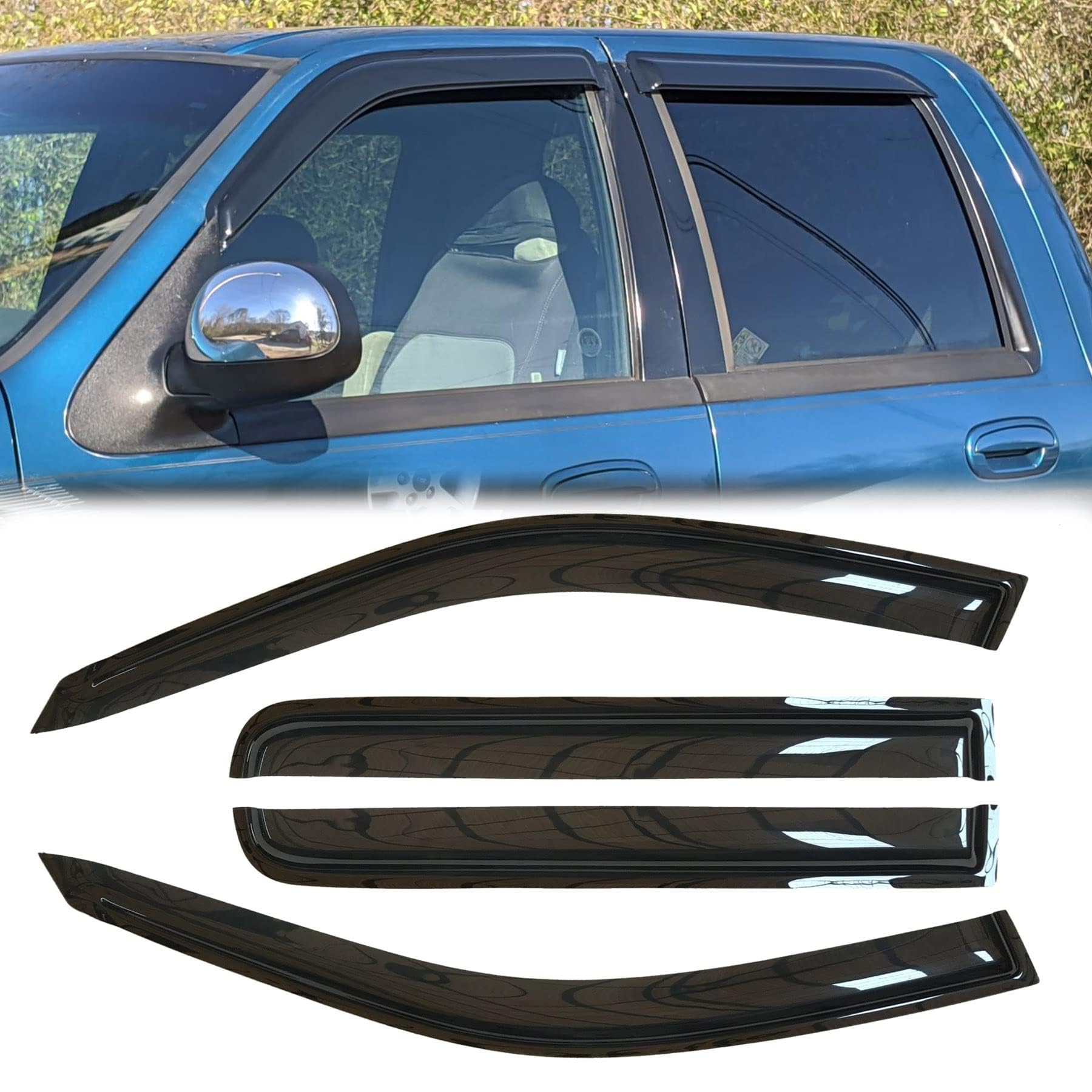 Deebior 4Pcs Original Shatterproof Rainproof Outside Mount Rain Guard Durable Side Window Wind Deflectors Dark Smoke Vent Window
