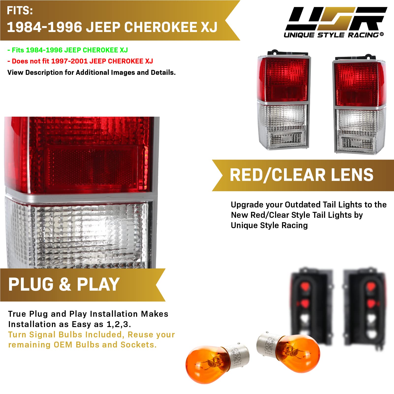 Usr 84-96 Xj Tail Lights - Stock Replacement Euro Style Red/Clear Lens Rear Tail Lamps Set (Left + Right) Compatible With 1984-1996 Cherokee Xj