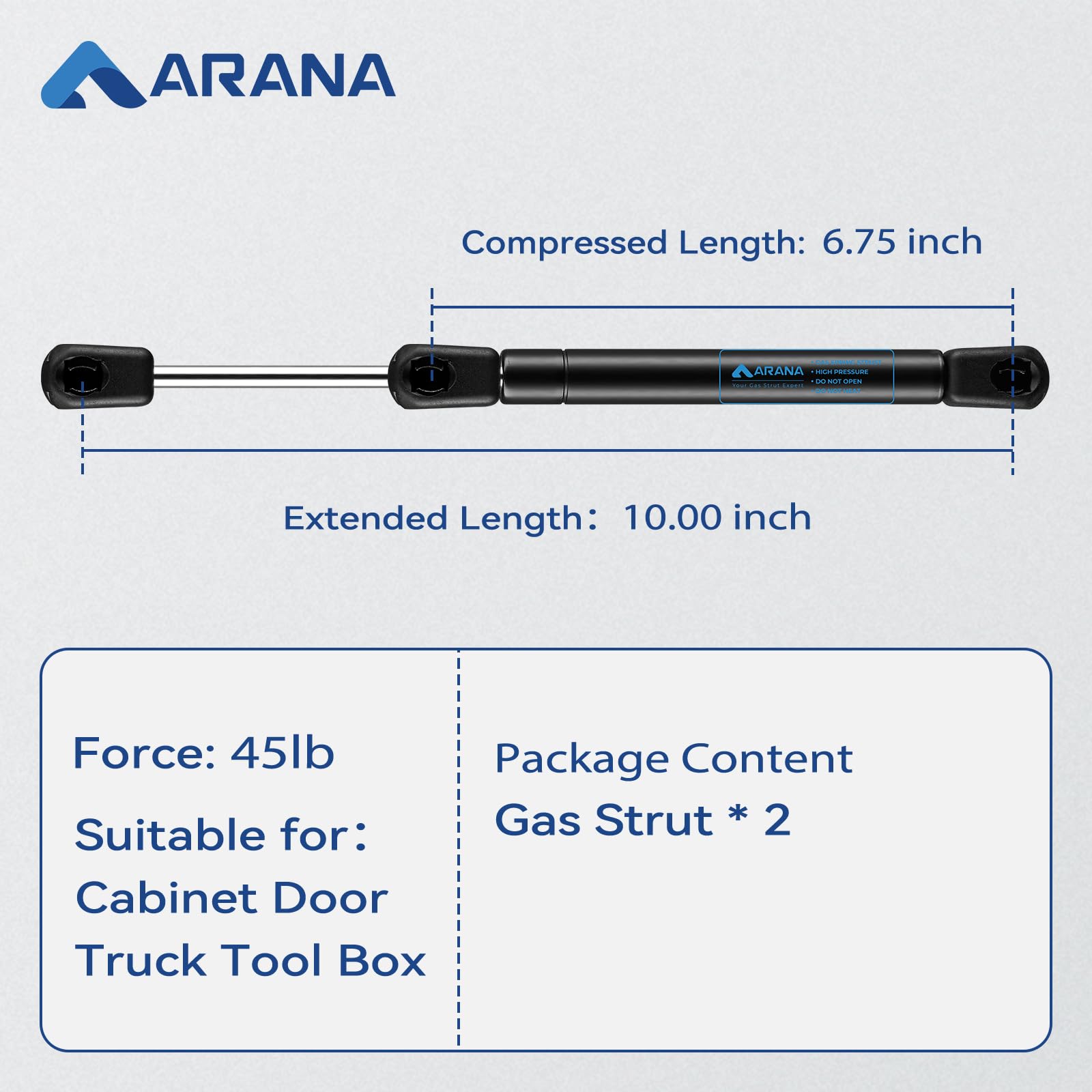 Arana 1015931 10 '' 45Lb Gas Struts Spring Shocks 10 Inch Lift Support For The Truck Tool Box Pickup Toolbox Lids Boat Rod Locke