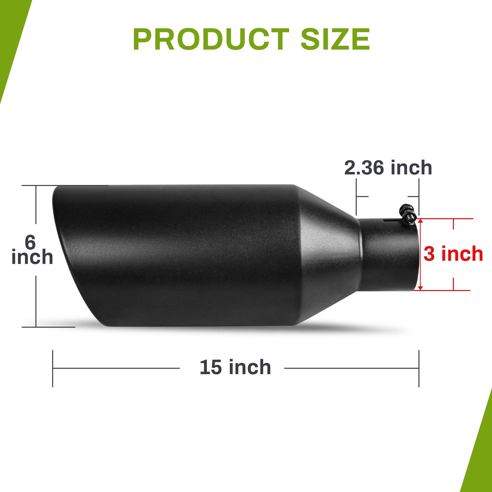 Autosaver88 3 Inch Inlet Exhaust Tip, 3'' Inlet 6'' Outlet 15'' Long Stainless Steel Exhaust Tips, Black Powder Coated Finish Ta