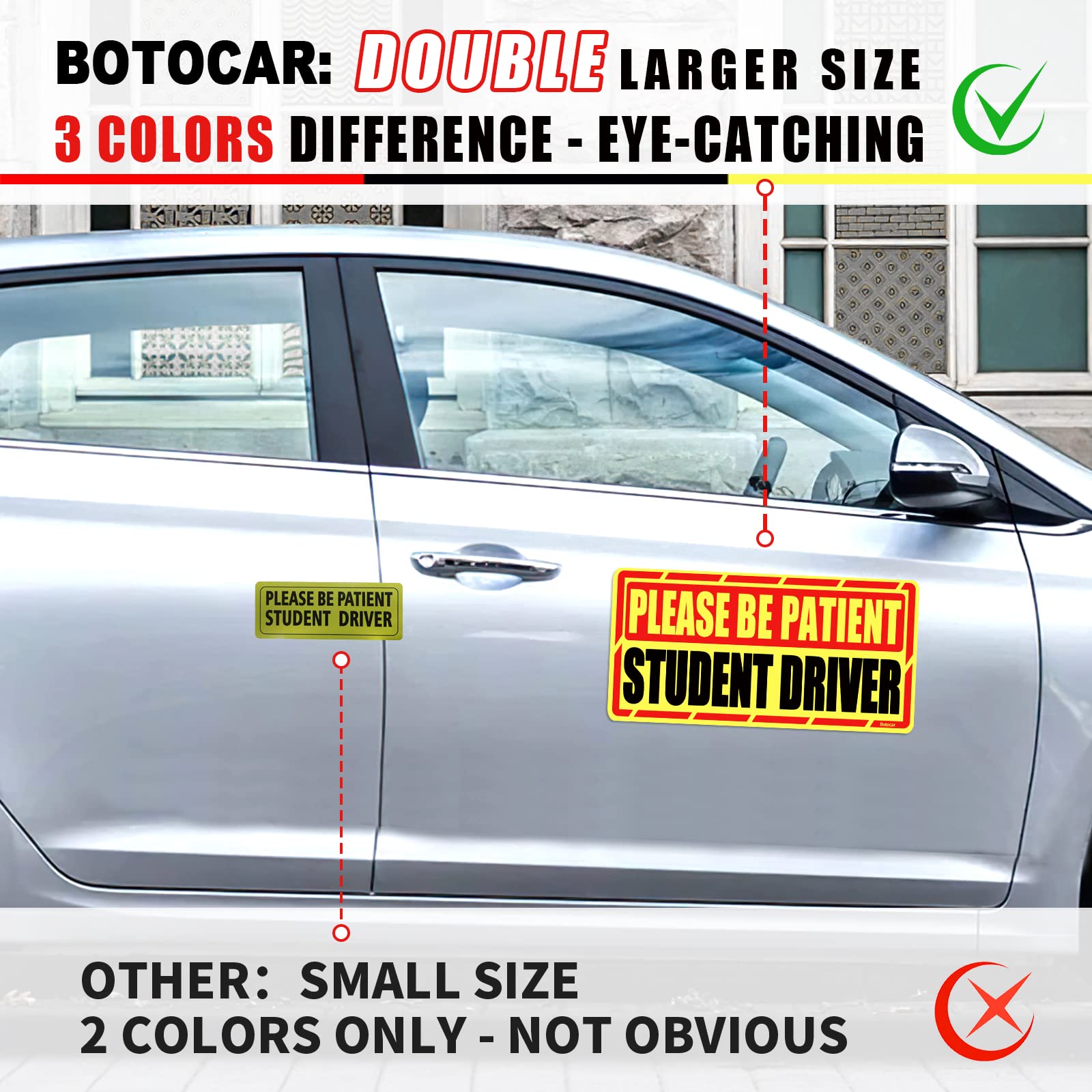 Botocar Student Driver Car Magnet, 2 Pack Super Large Please Be Patient Student Driver Signs For Car, Reflective New Driver Vehicle Bumper Magnetic Sticker, Novice Driver Safety Warning Sign, 12×6In
