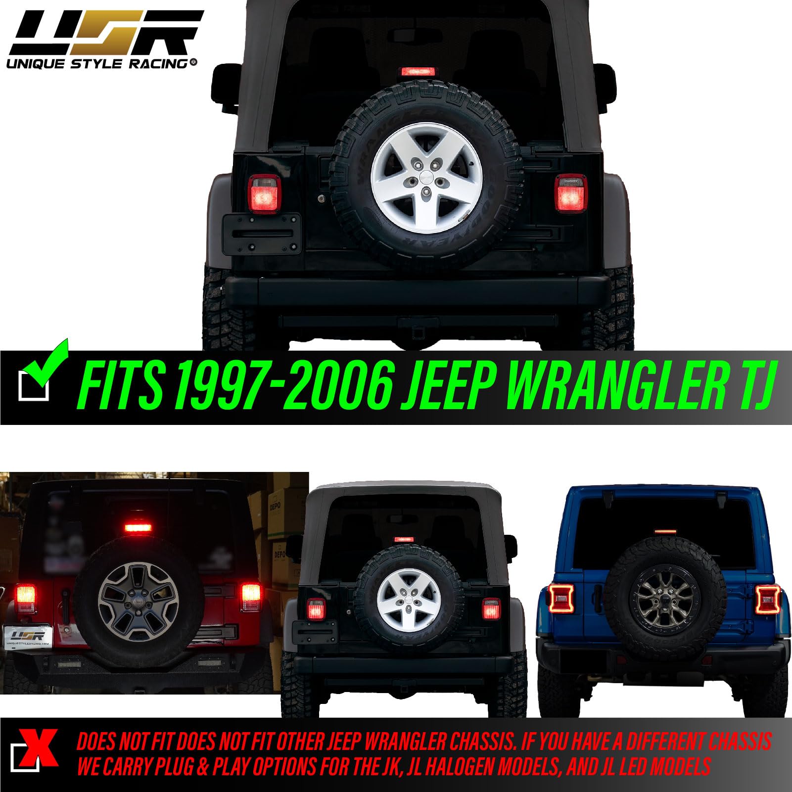 Usr 97-06 Tj Wrangler Spare Tire 3Rd Third Brake Light Switchback Red/White Led Halo Ring Bar Tail Wheel Light Compatible With 1