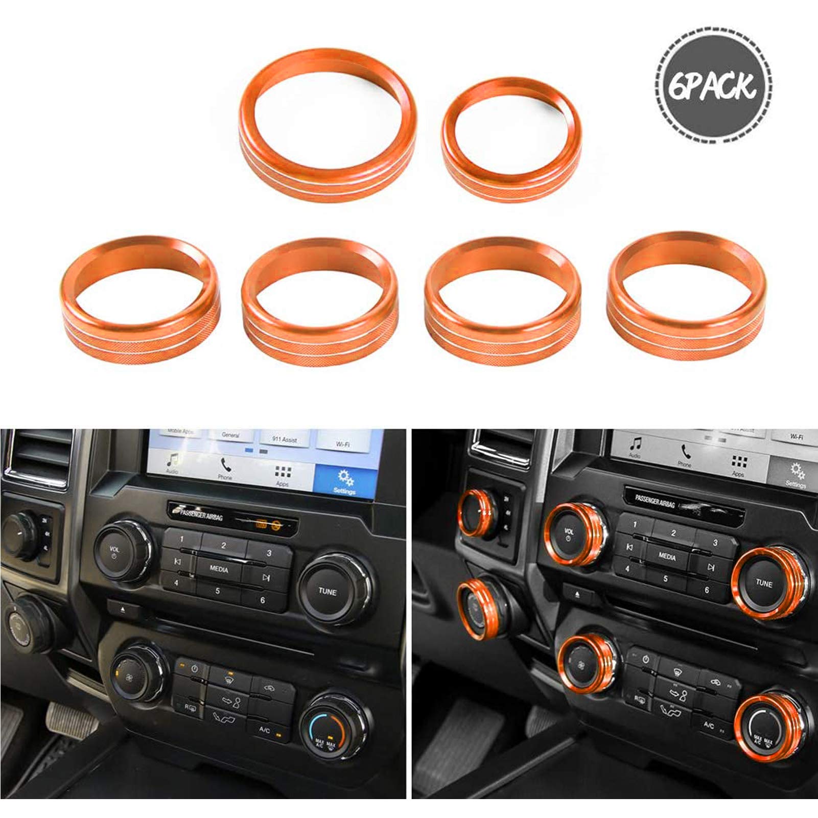 For F150 Air Conditioner Switch & Trailer & 4Wd & Vol Knob Button Trim For Ford F150 Xlt 2016 2017 2018 2019, Orange Aluminum, 6Pcs (Not For 2021 2022)