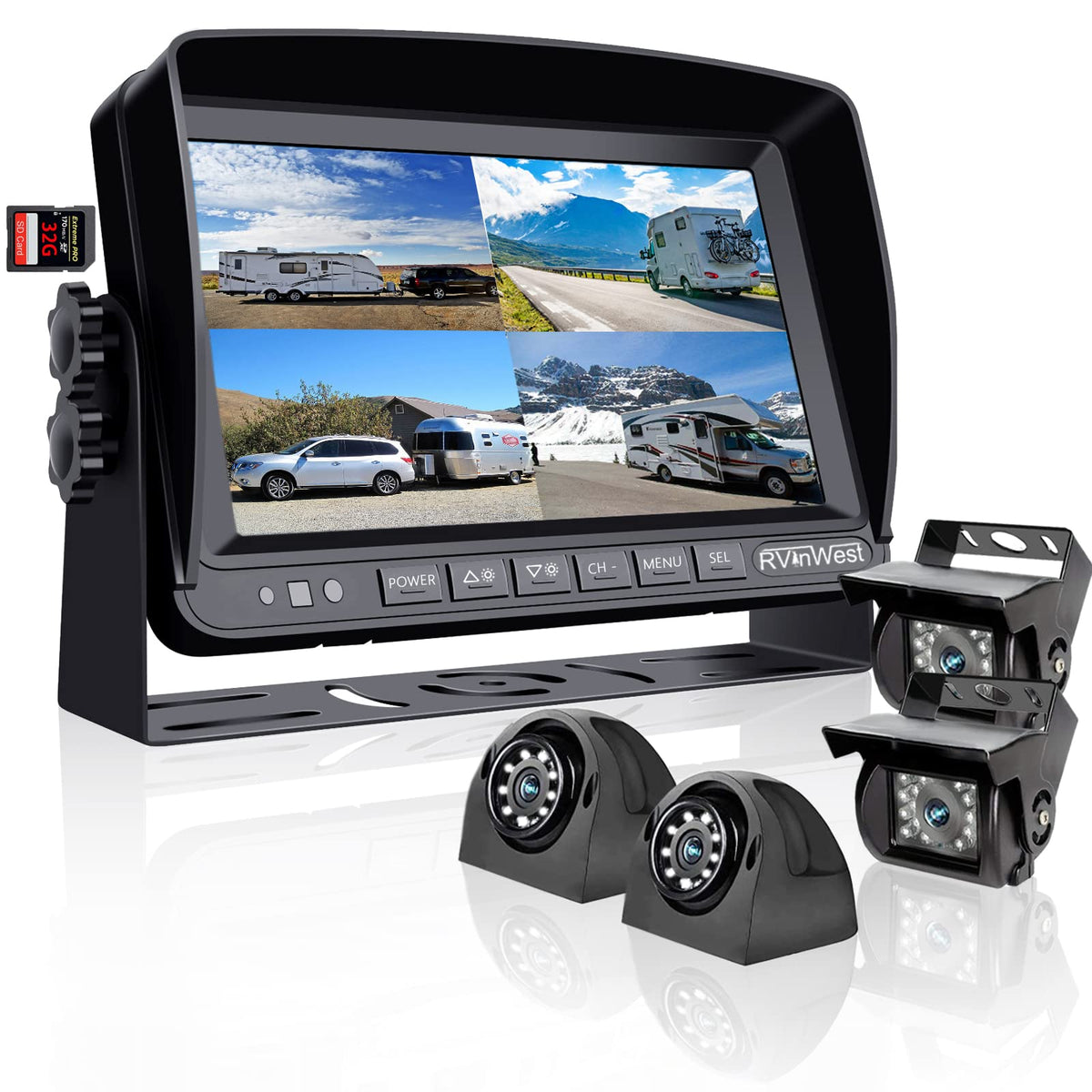 Rv Backup Camera System With 7'' Monitor Wired For Car Rv Semi Box Truck Trailer, 4 Split Screen Quad View Hd Dvr Record Monitor