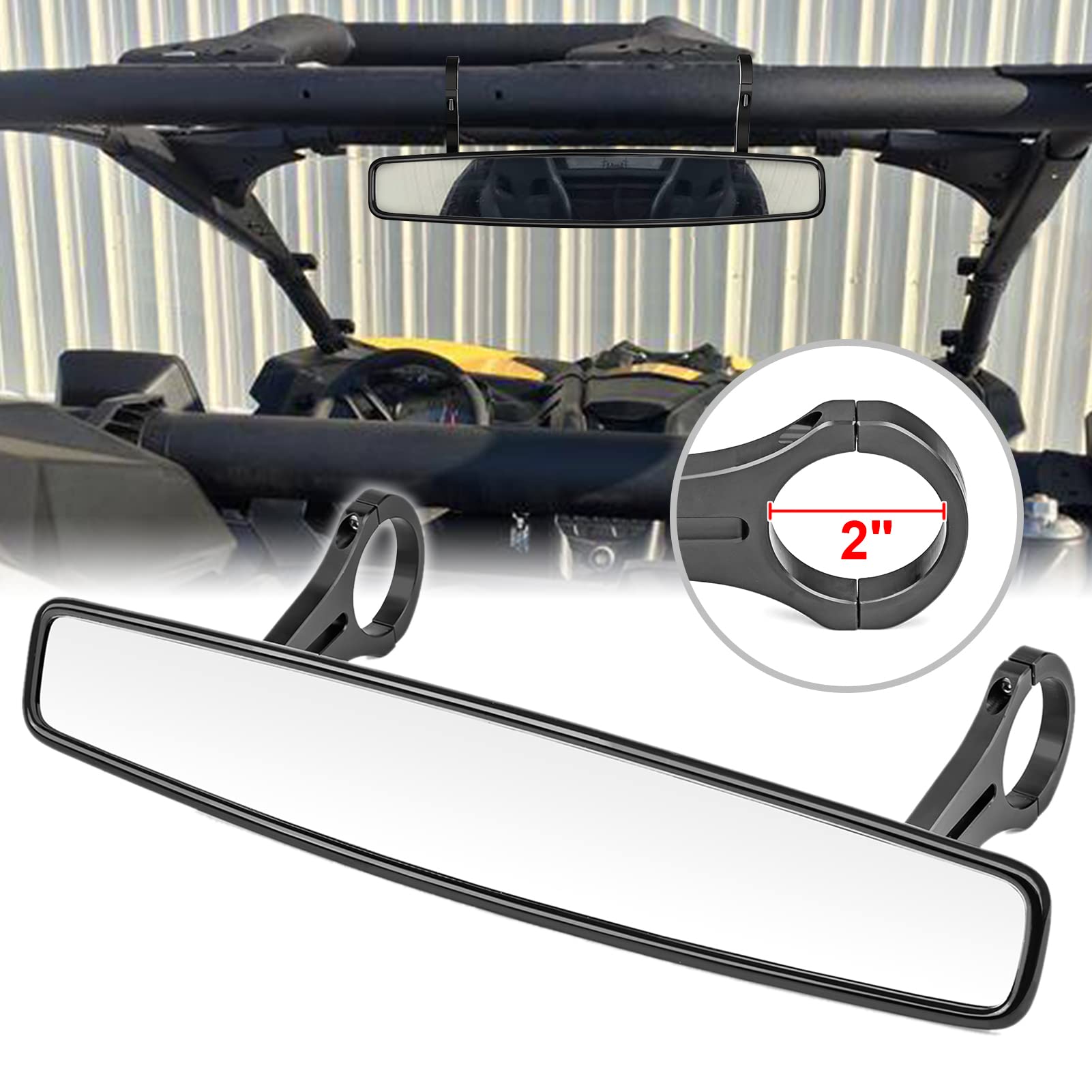 Utv 15'' Wide Rear View Mirror Convex Mirror With 2'' Clamp Compatible With Can-Am Honda With 2'' Horizontal Cross Bars