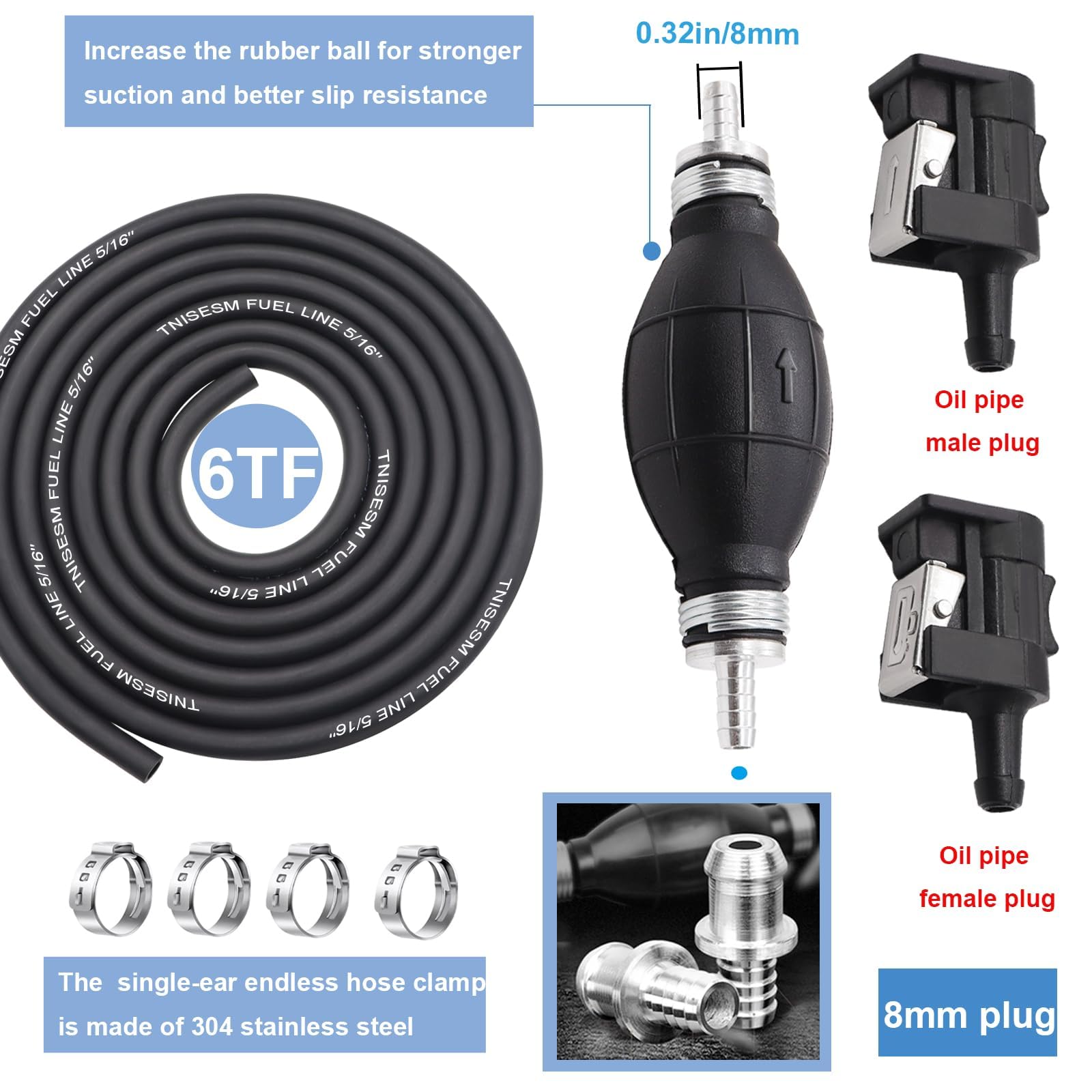 Tnisesm 5/16'' 6Ft Fuel Line Assembly, With Connector Rubber Marine Outboard Boat Motor Rvs Fuel Assembly With Primer Bulb 304 S