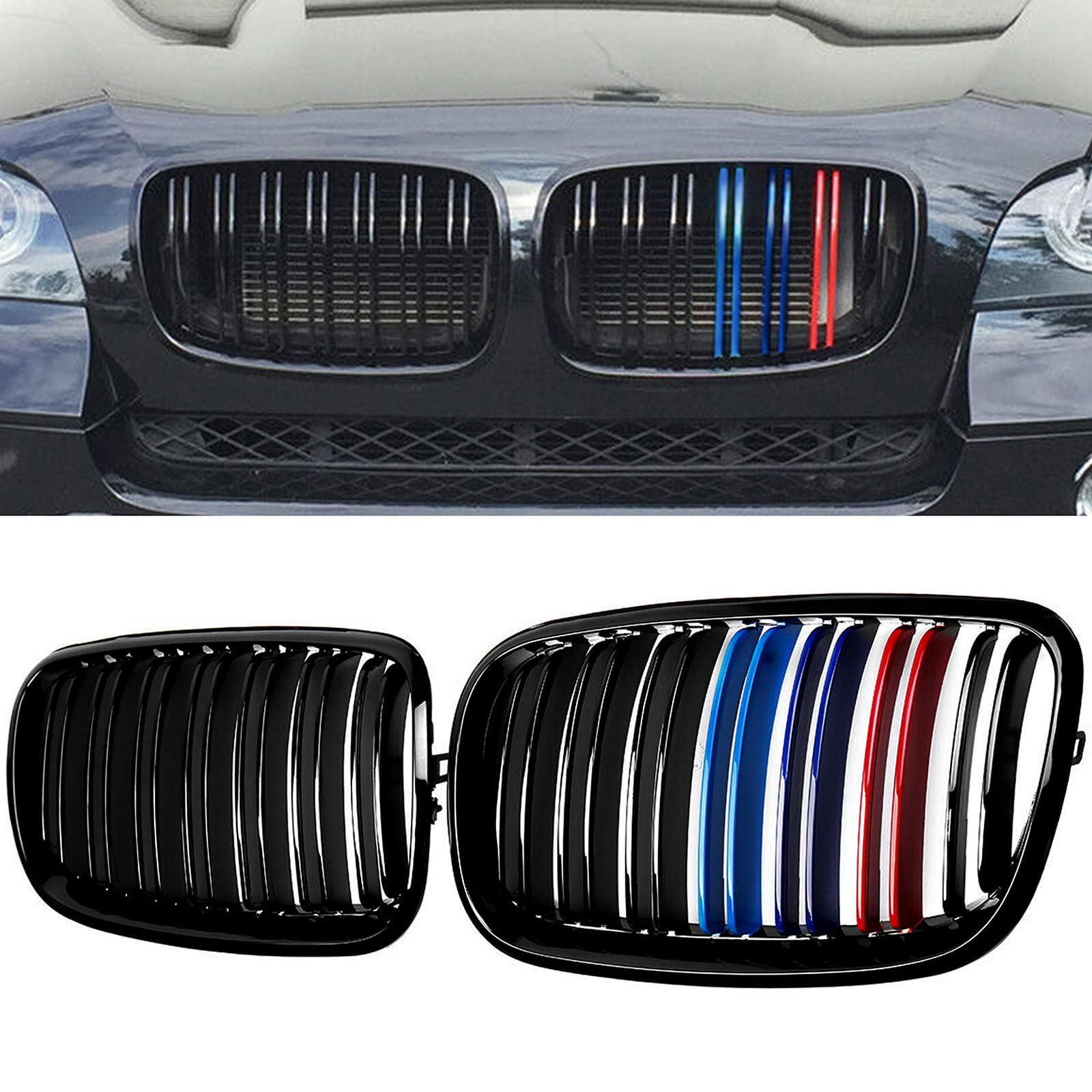 BILLDIO Grill Gloss Black M Color Compatible with 2007-2014 BMW X5 E70 X6 E71 Front Kidney Grille ABS with Double Slats