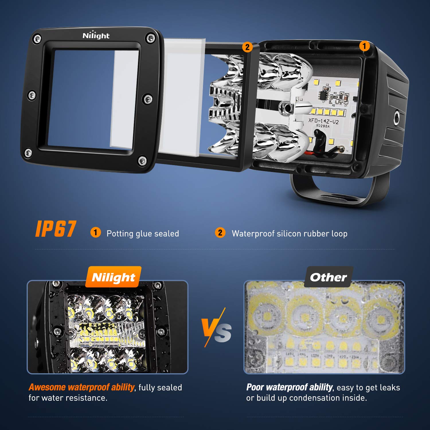 Nilight 2PCS 3 Inch LED Pods Cubes UTV Rear Roof Mounting Brackets LED Backup Reverse Lighting 15FT Wiring Harness Kit 2 Leads f