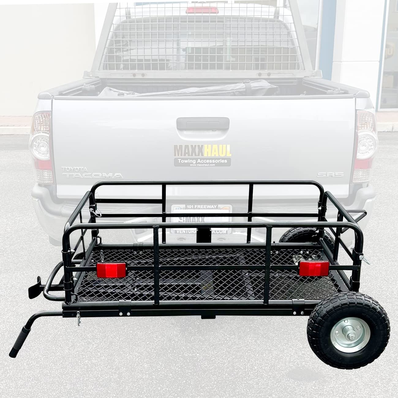 MaxxHaul 50243 Foldable Hitch N Roll Cargo Carrier Cart With Quick Detachable Basket Rack With 10 inch Flat Free Tires for Home 