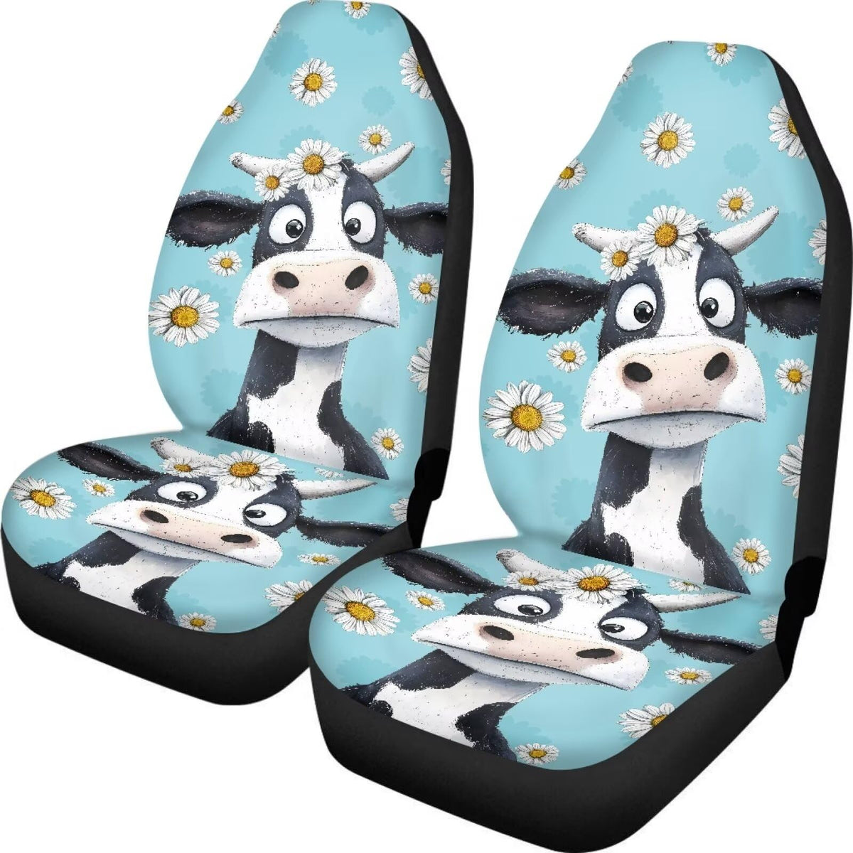 Buybai 2 Pieces Cow Car Covers Set Comfortable Daisy Print Front Seat Protector For Cars Stretchy Covers Set Auto Interior Acces
