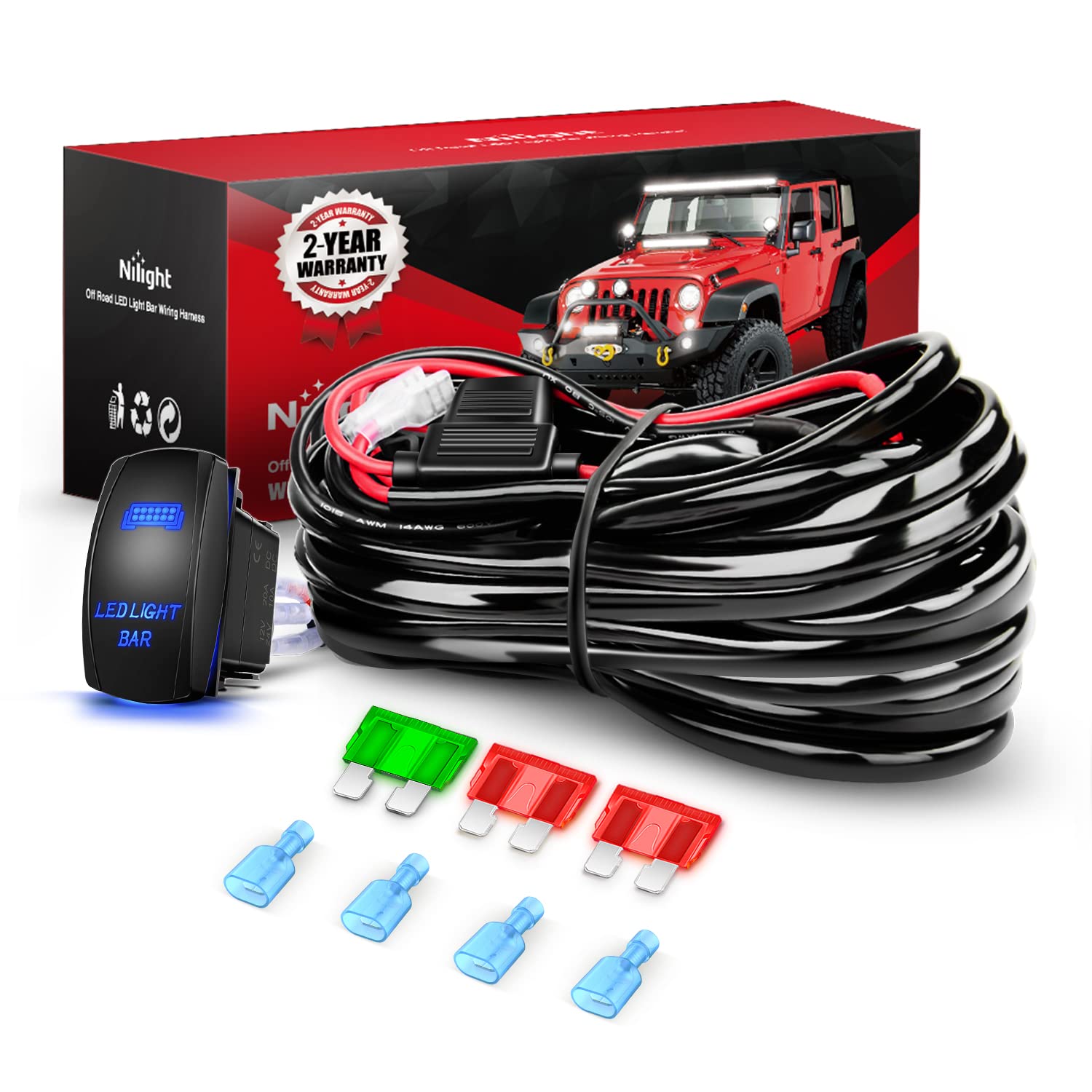 Nilight LED Light Bar Wiring Harness Kit 12AWG Heavy Duty 12V 5Pin Rocker Switch Laser On Off Waterproof Switch Power Relay Blad