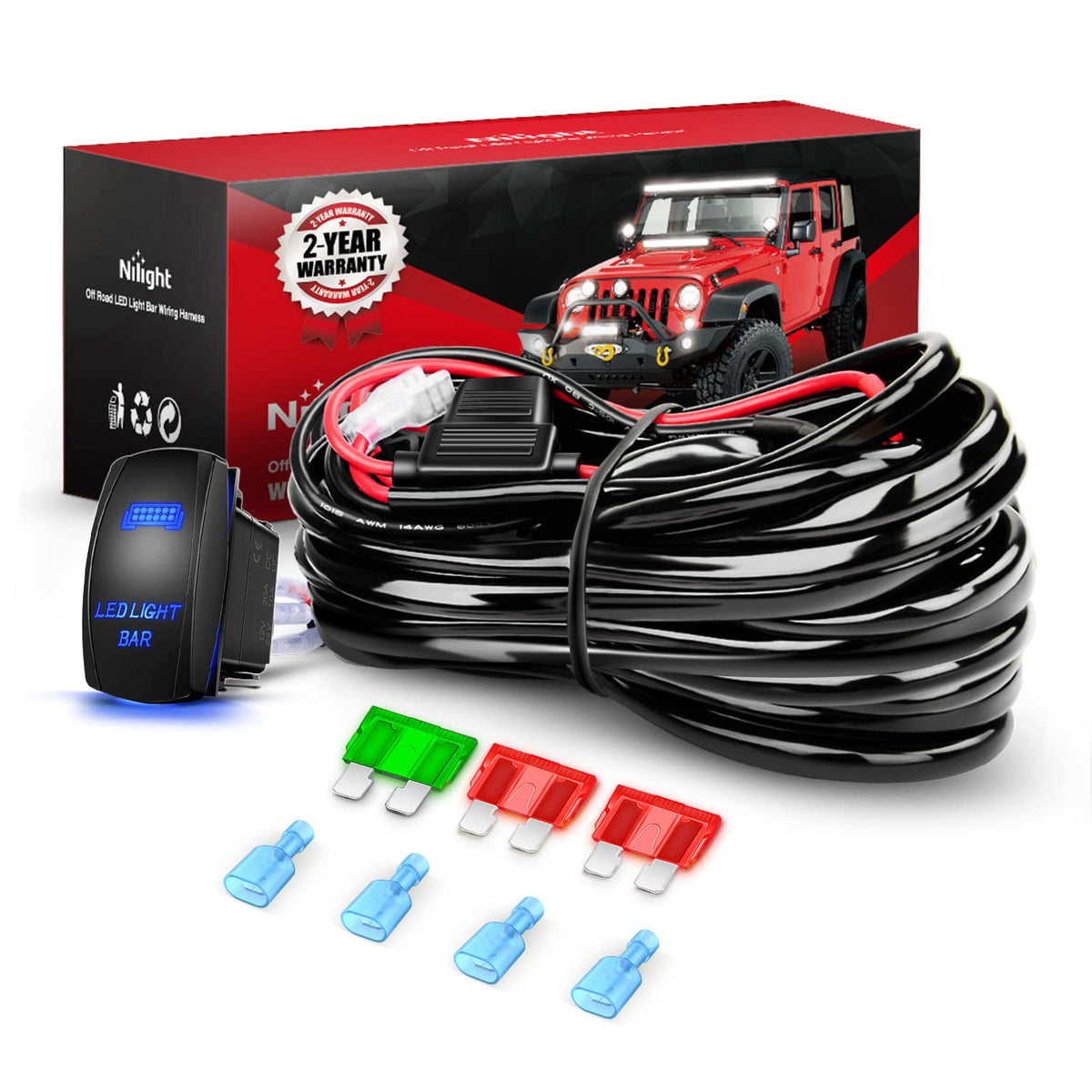 Nilight LED Light Bar Wiring Harness Kit 12AWG Heavy Duty 12V 5Pin Rocker Switch Laser On Off Waterproof Switch Power Relay Blad