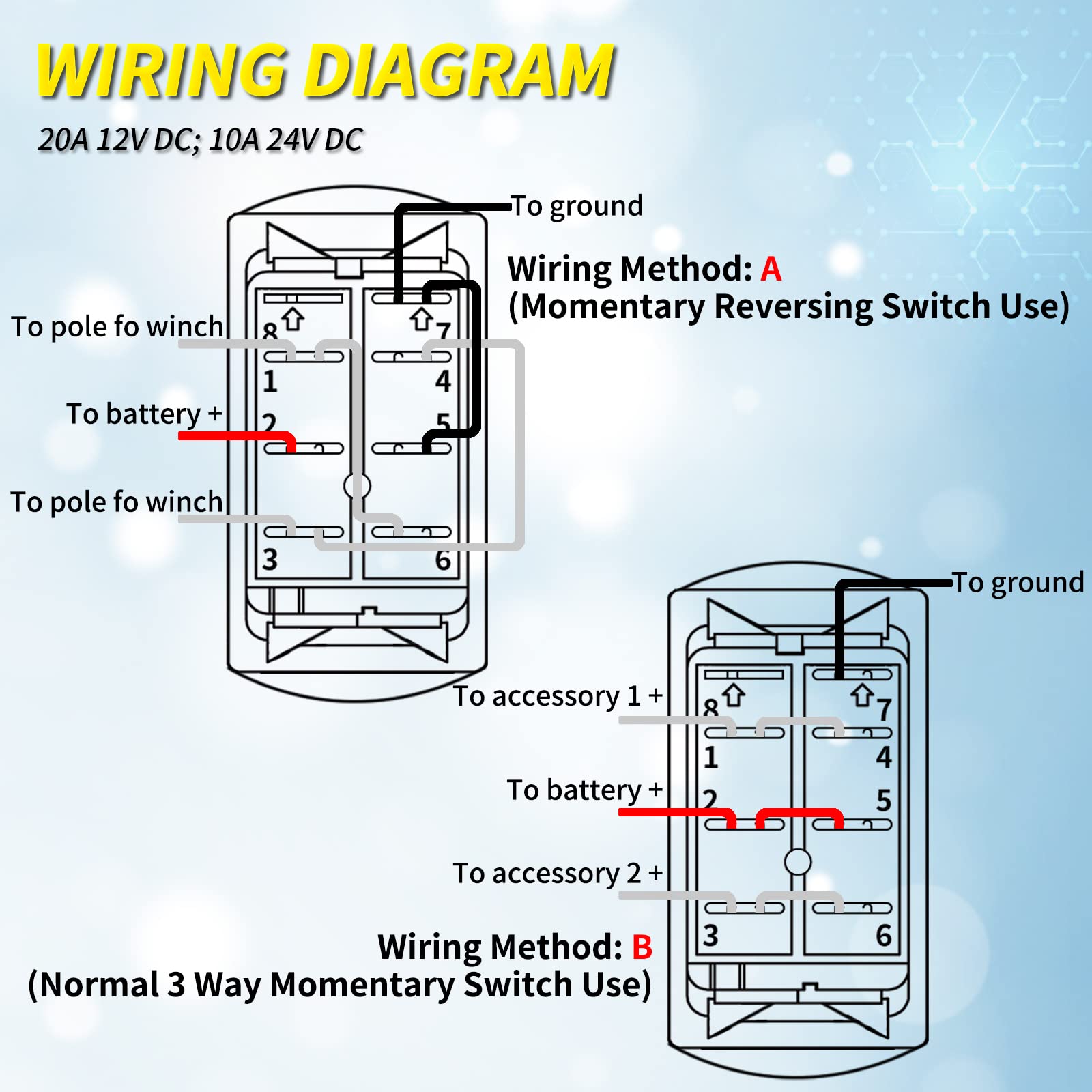 Joinfworld Momentary Rocker Switch Waterproof (On)-Off-(On) 3 Position Rocker Switch 12V 20A Dpdt 7 Pin Blue Led Boat Switch Toggle For Automotive Car Utv Atv With Jumper Wire
