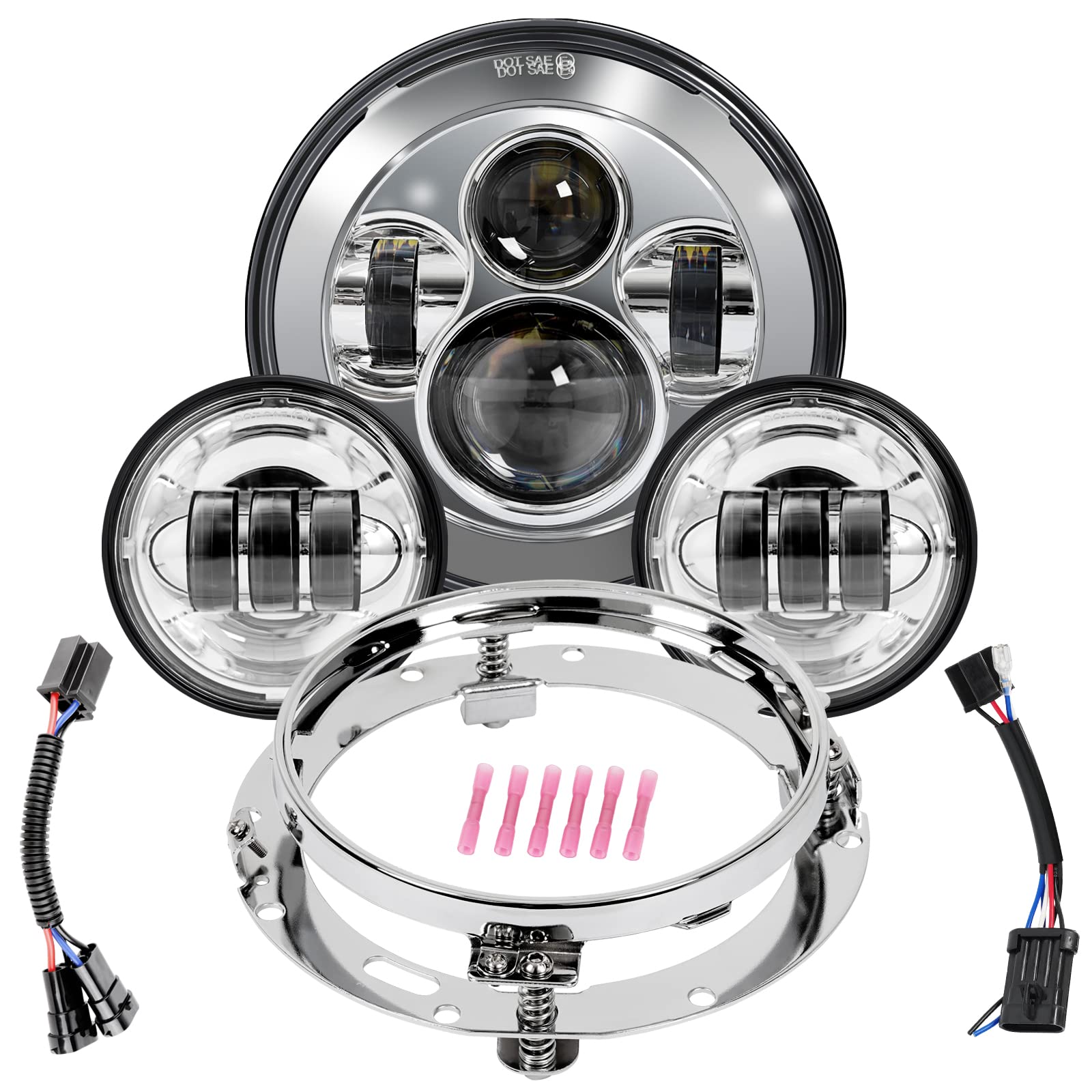 Wisamic Motorcycle 7 inch LED Headlight, 4.5 inch Passing Lamps Fog Lights and Mounting Ring, Compatible with Harley Davidson Ro