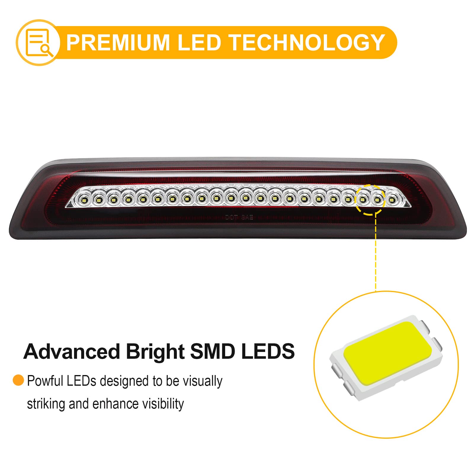 R&F Auto F1 Style Strobe Led Third Brake Light Replacement For Tundra 2007-2021 Pickup Trucks White Roof Cargo Light High Mount Stop Lamp Chmsl Red White Lens, Replace Oem# 81570-0C050, 81570-0C051