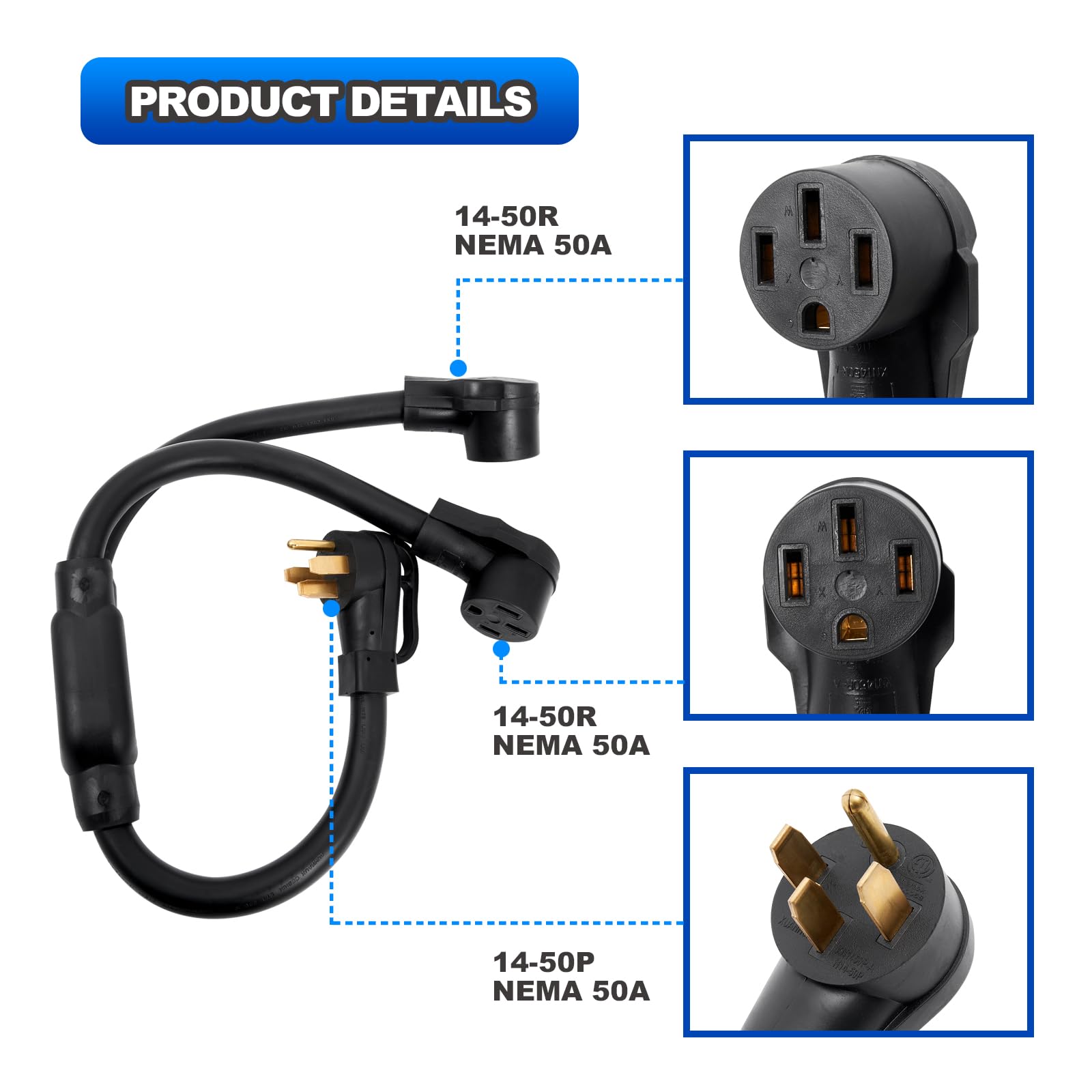 AUTOBABA 14-50 Y Splitter Adapter Power Cord 240V for RV and EV, NEMA 14-50P Male Plug to 14-50R, 6/3+8/1 STW AWG Gauge Plug Ext