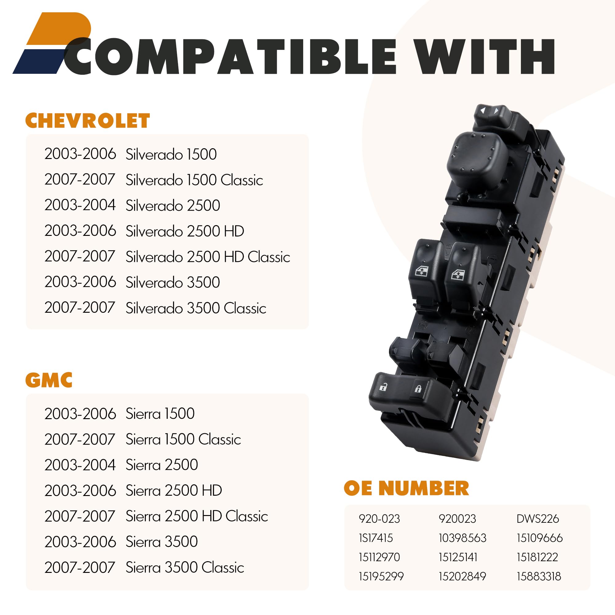 15883318 Front Driver Side Door Lock And Window Power Switch Fit For 2003-2007 Chevrolet Silverado, 2003-2007 Gmc Sierra, 920-02