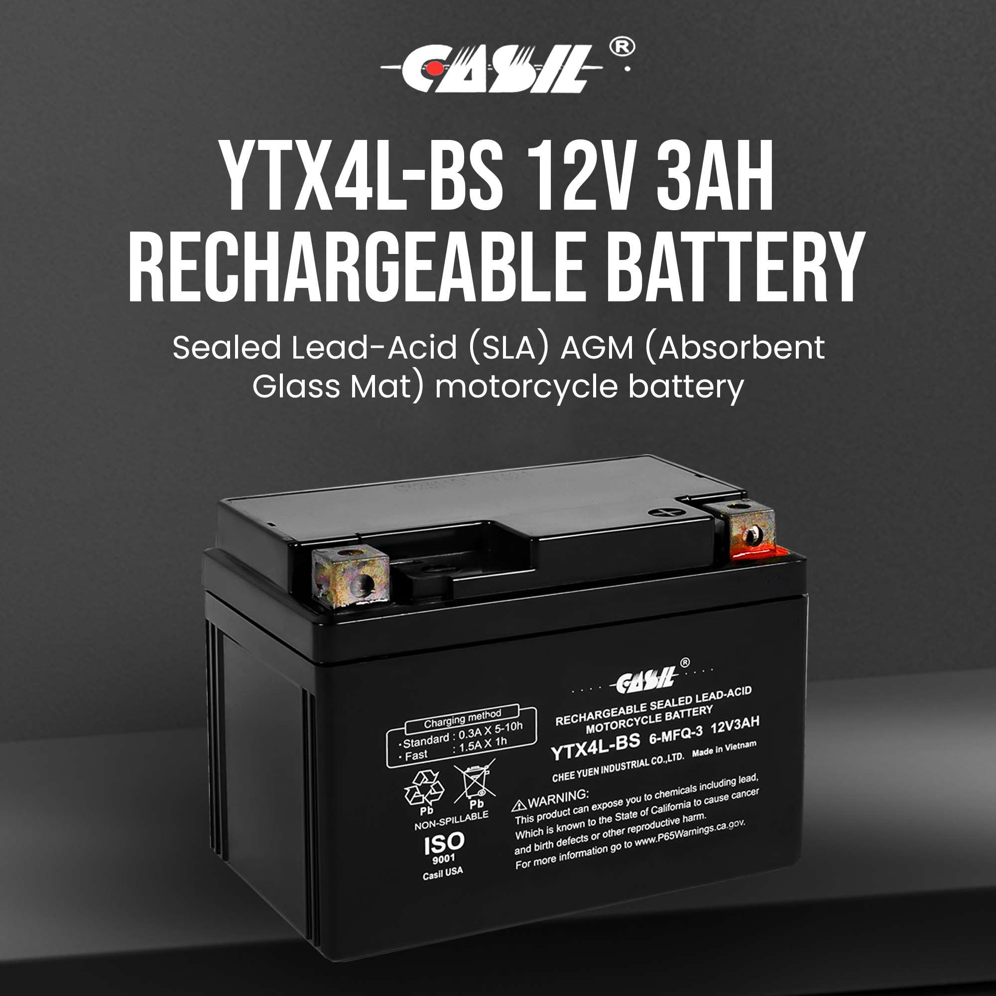 Ytx4L-Bs 12V 3Ah 50 Cca Power Sport Sla Battery - Casil Battery