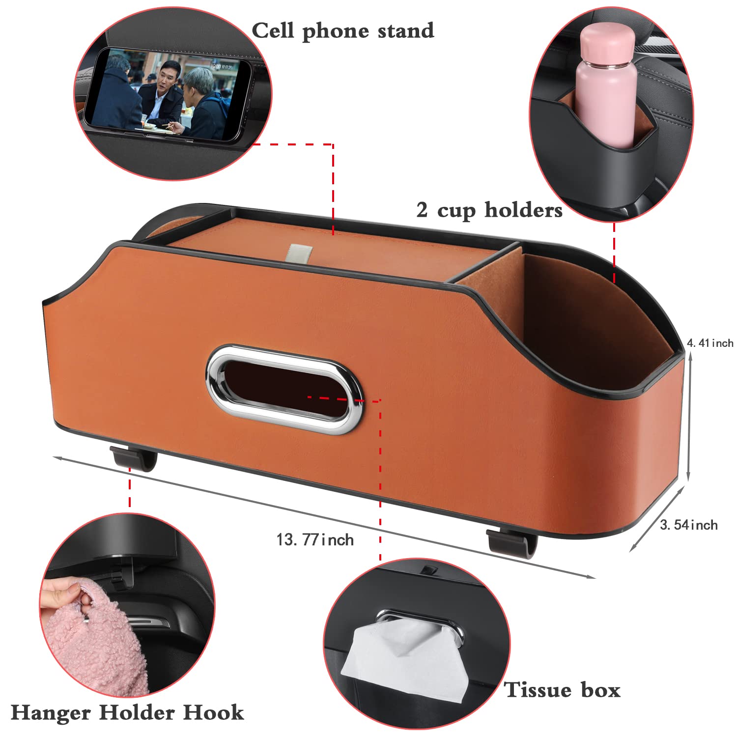 Holdcy Car Back Seat Organizer With 2 Drink Cup Holder - Tissue Box And Storage Box Hook - Multi-Functional Storage - Great For