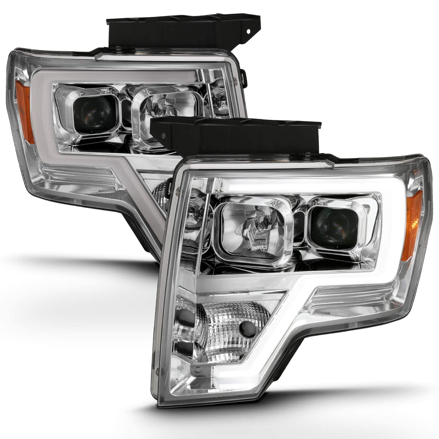Amerilite For 2009-2014 Ford F150 Truck Led Bar Square Projector Chrome Replacement Headlights Set W/Halogen Bulb Socket - Drive
