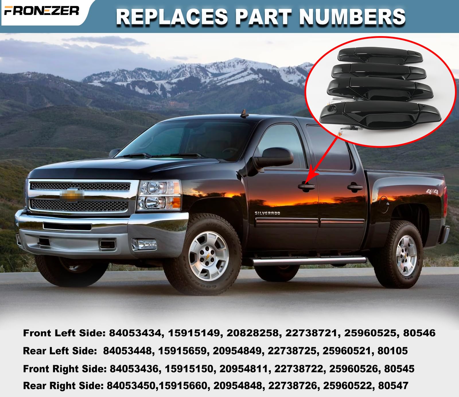 FRONEZER Exterior Door Handle, 4PCS Black Front Rear Driver Passenger Compatible with 2007-2014 Chevy Silverado Suburban Avalanc