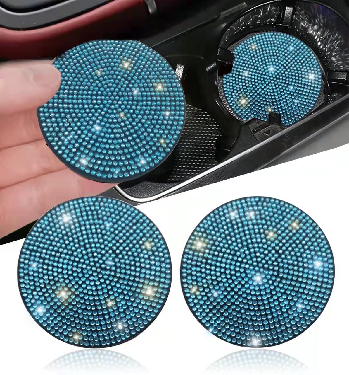 Nbtepem 2Pcs Bling Car Cup Holder Coaster, 2.75 Inch Anti-Slip Shockproof Universal Fashion Car Coasters Insert Bling Crystal Rh