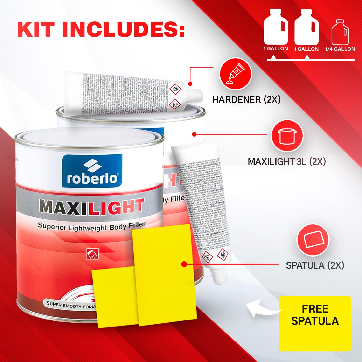 Roberlo Maxilight Superior Lightweight Body Filler - Repair for All Lengths Dents & Scratches, Perfect on Aluminum, Steel, Zinc,