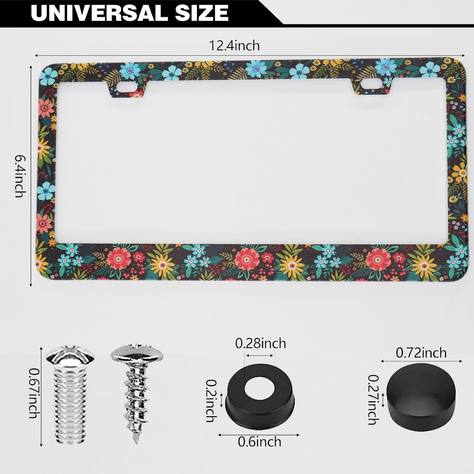 Colorful Flowers And Leaves License Plate Frames, 2 Pack Colorful Floral Car Plate Frame, Stainless Steel License Plate Holders