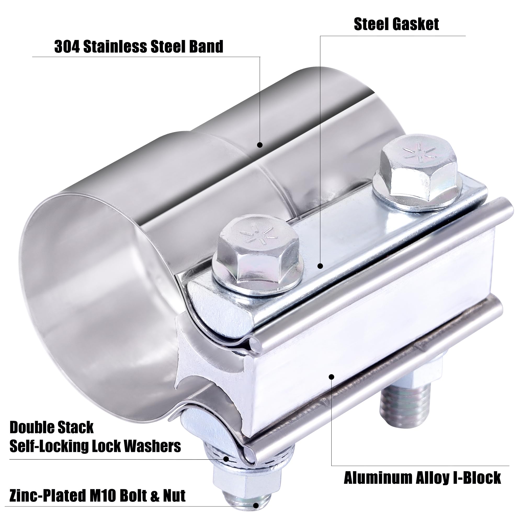 Vitonsbay 3.0 Inch Exhaust Clamp, 3 Inch Lap Joint Exhaust Band Clamp Sleeve Coupler Stainless Steel (2Pcs)