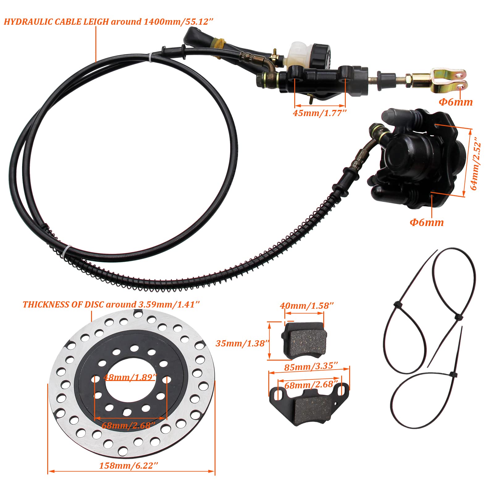 Hydraulic Rear Disc Brake Caliper System Pads Disk Rotor For 150Cc 200Cc 250Cc Dirt Bike Quad Atv Gokart Go Kart Dune Buggy (Black)