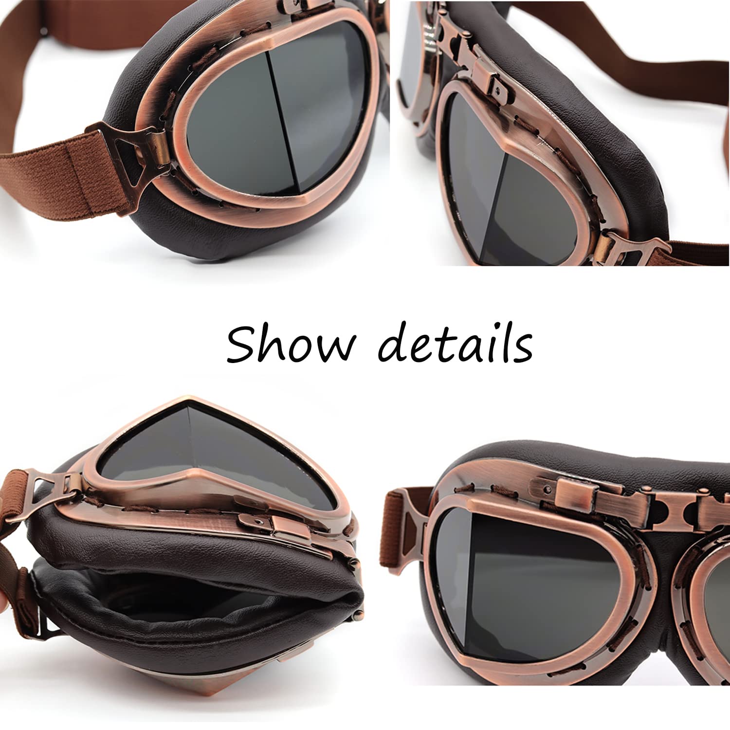 kucehiup Vintage Aviator Goggles - Copper Frame Smoke Lenses, Medium Size, Polycarbonate Material