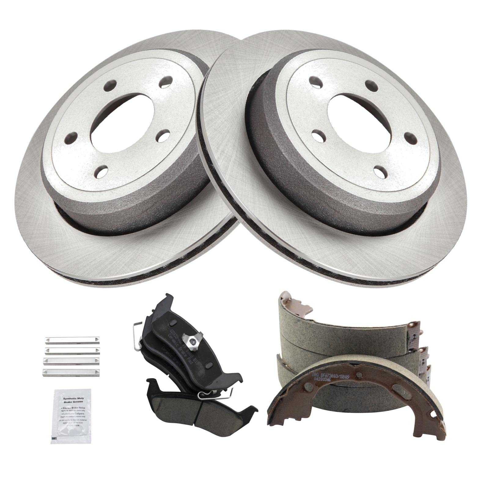 Trq Rear Brake Pad & Rotor Kit Brake Pads Brake Rotor Parking Brake Shoe Set Ceramic Compatible With 2003-2011 Ford Crown Victor