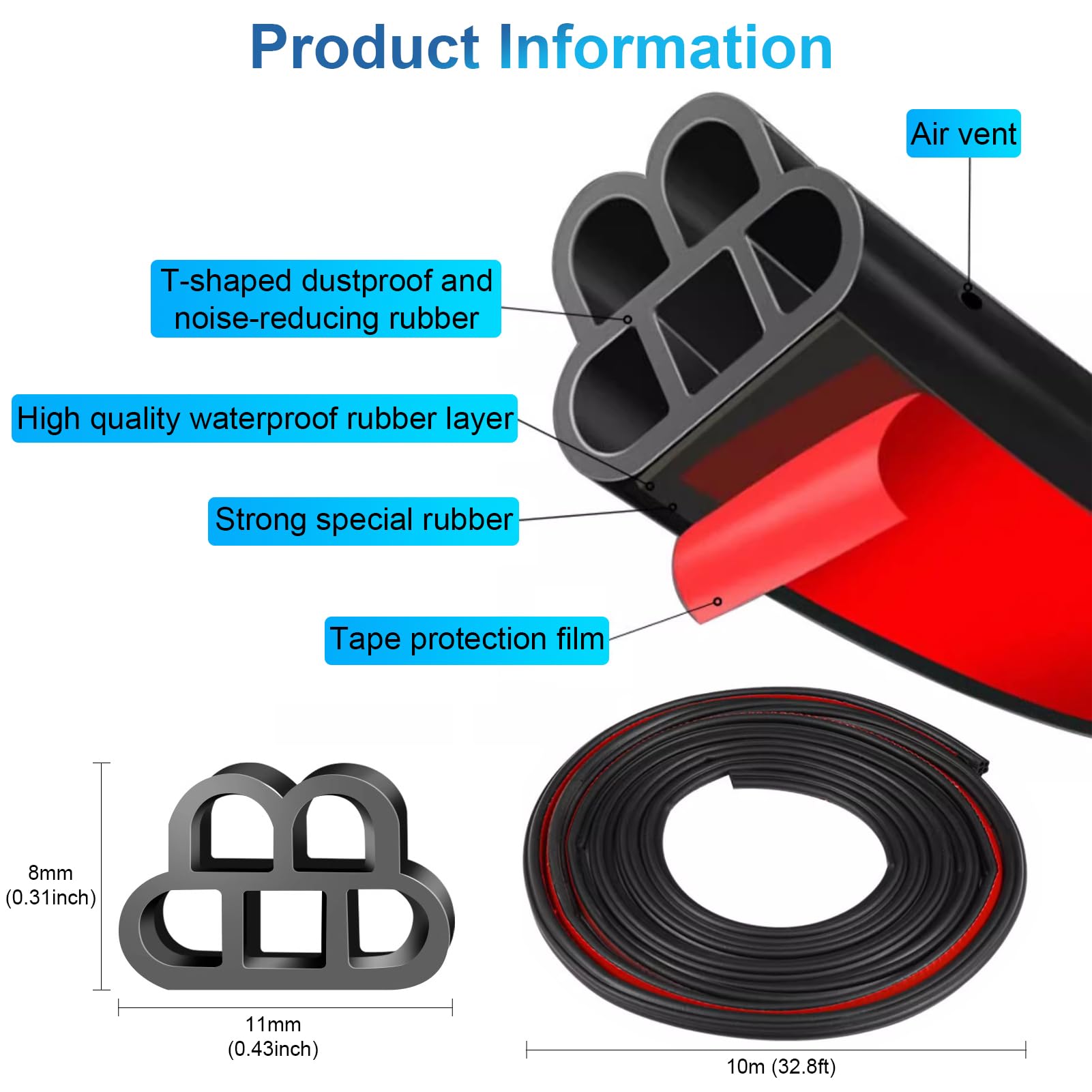 BOAOSI Rubber Seal Strip - 52.5FT Double Layer Self-Adhesive Weather Stripping for Car Door, Hood, Tailgate - Soundproofing Solution