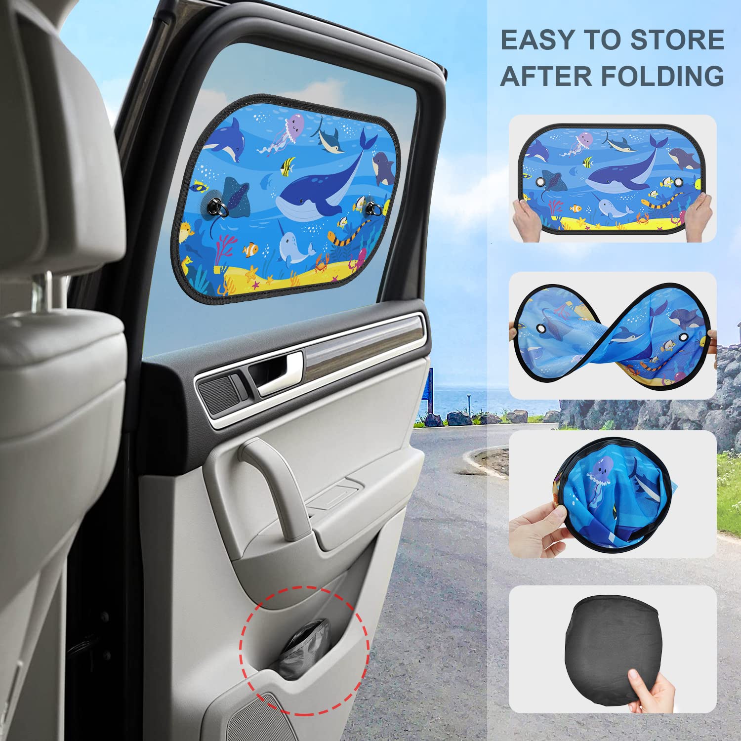 Diza100 Car Window Shade For Baby 2 Pack Car Sun Shade Side Auto Sunshades 20 ''X12 '' With Blue Ocean Pattern Sun And Uv Protec