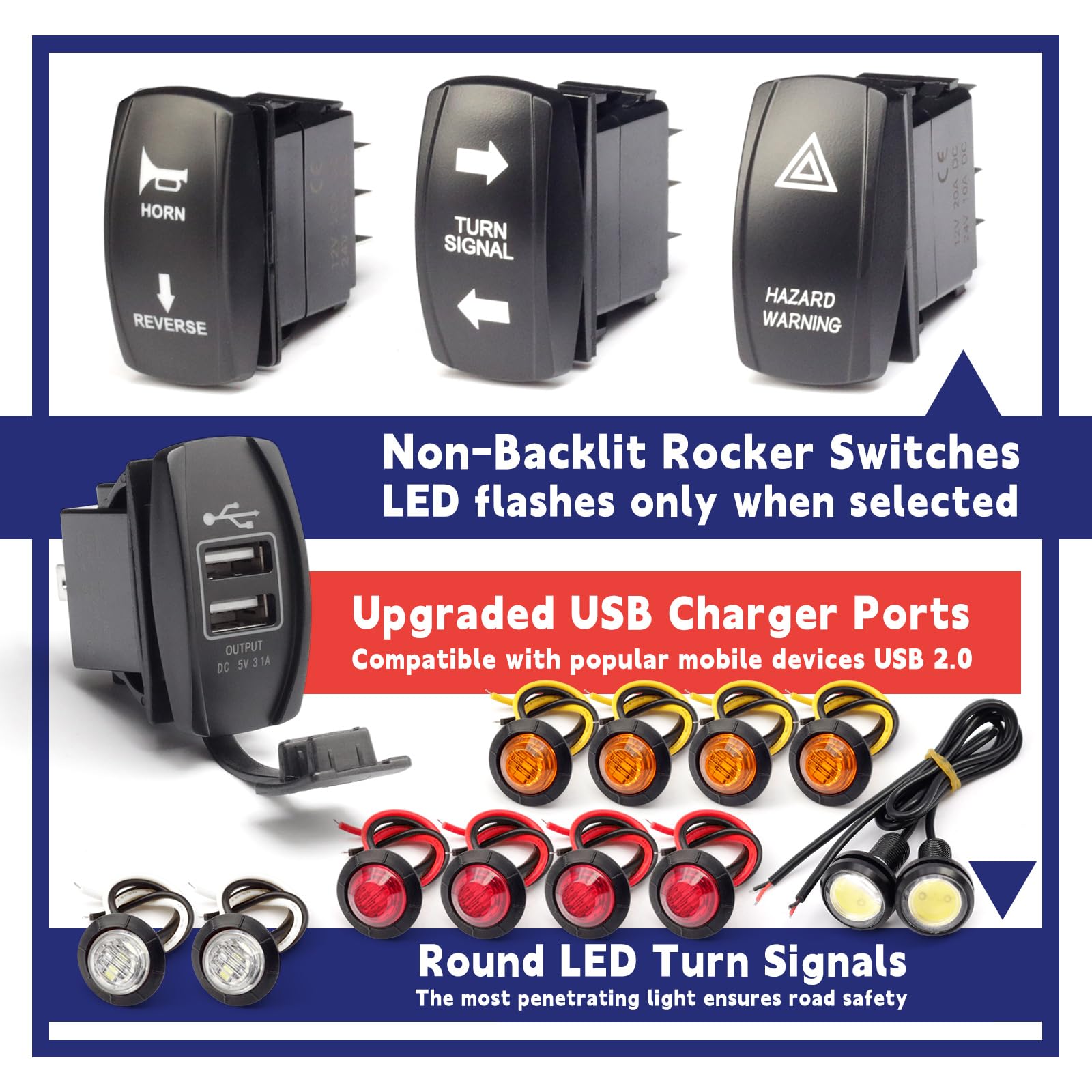 Universal ATV UTV SXS Turn Signal Street Legal Blinker Kit with 110DB Horn Reverse Hazard Light Rocker Switch USB Flasher Relay