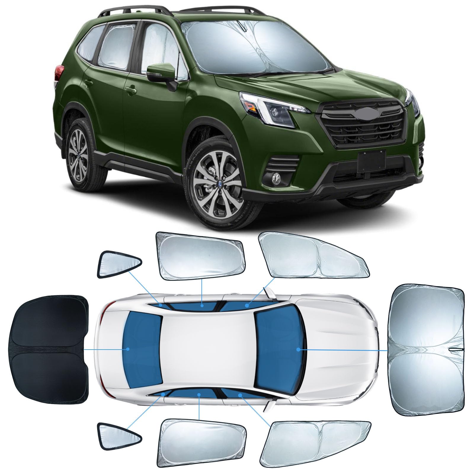 8 PCS Sun Shades for Subaru Forester Windshield Sunshade, 2-Layer Full Window Shades for Forester 2019-2025 Front Rear Side Wind