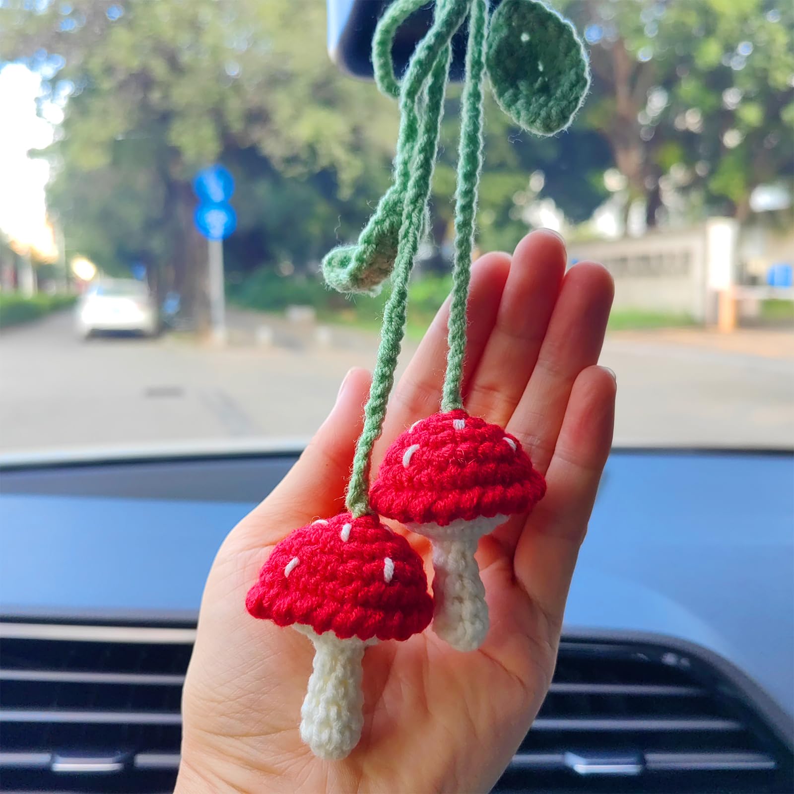 Mushroom Car Accessories, (Glue Free) Safe Crochet Car Mirror Hanging Accessories, Cute Crochet Car Accessories For Women, Rear View Mirror Accessories Car Hanging Ornament, Bag Charms