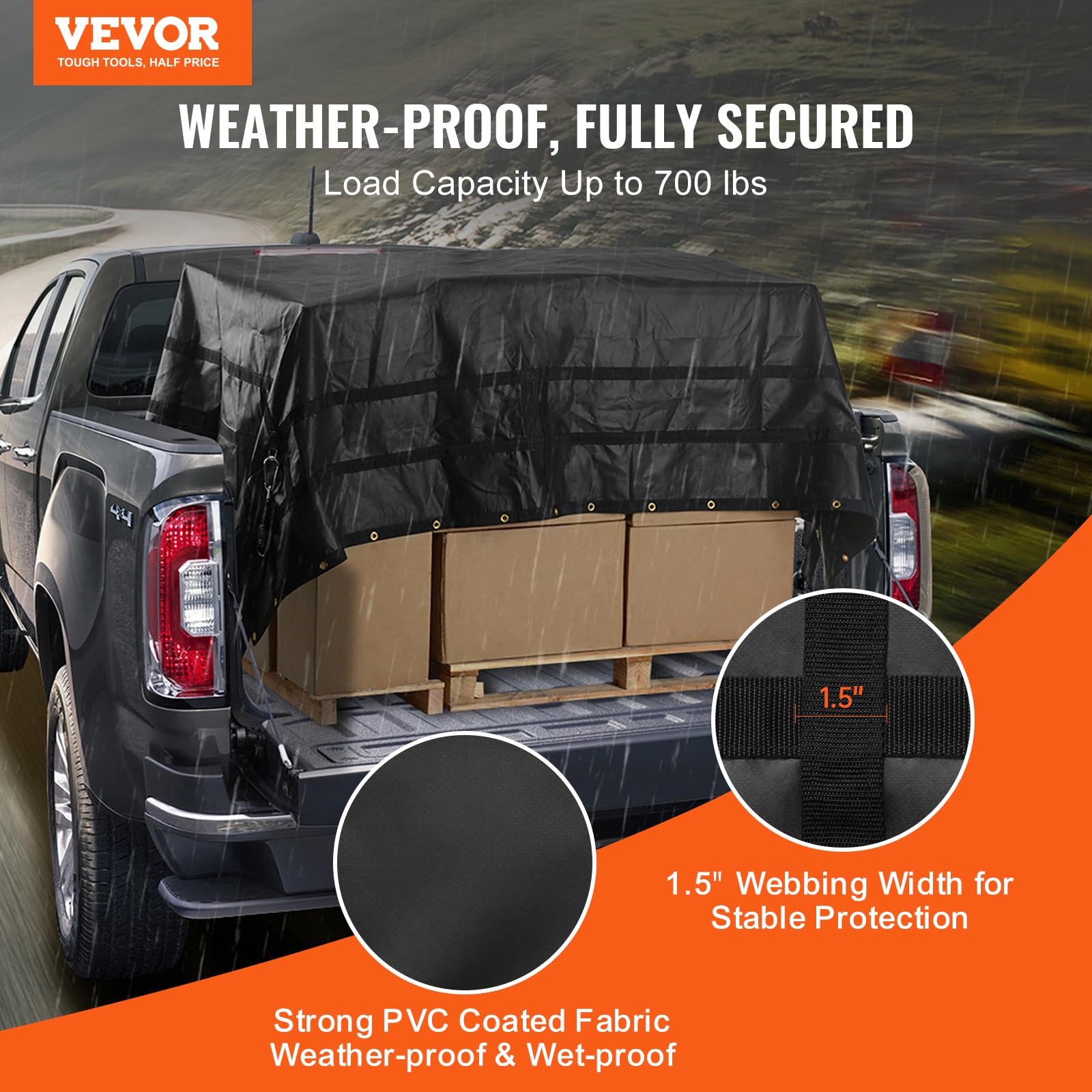 VEVOR Waterproof Cargo Net, 120 in x 105 in, Heavy Duty Truck Cargo Net-(WLL) 700lbs, 4 Adjustable Straps with Carabiners & S-Ho