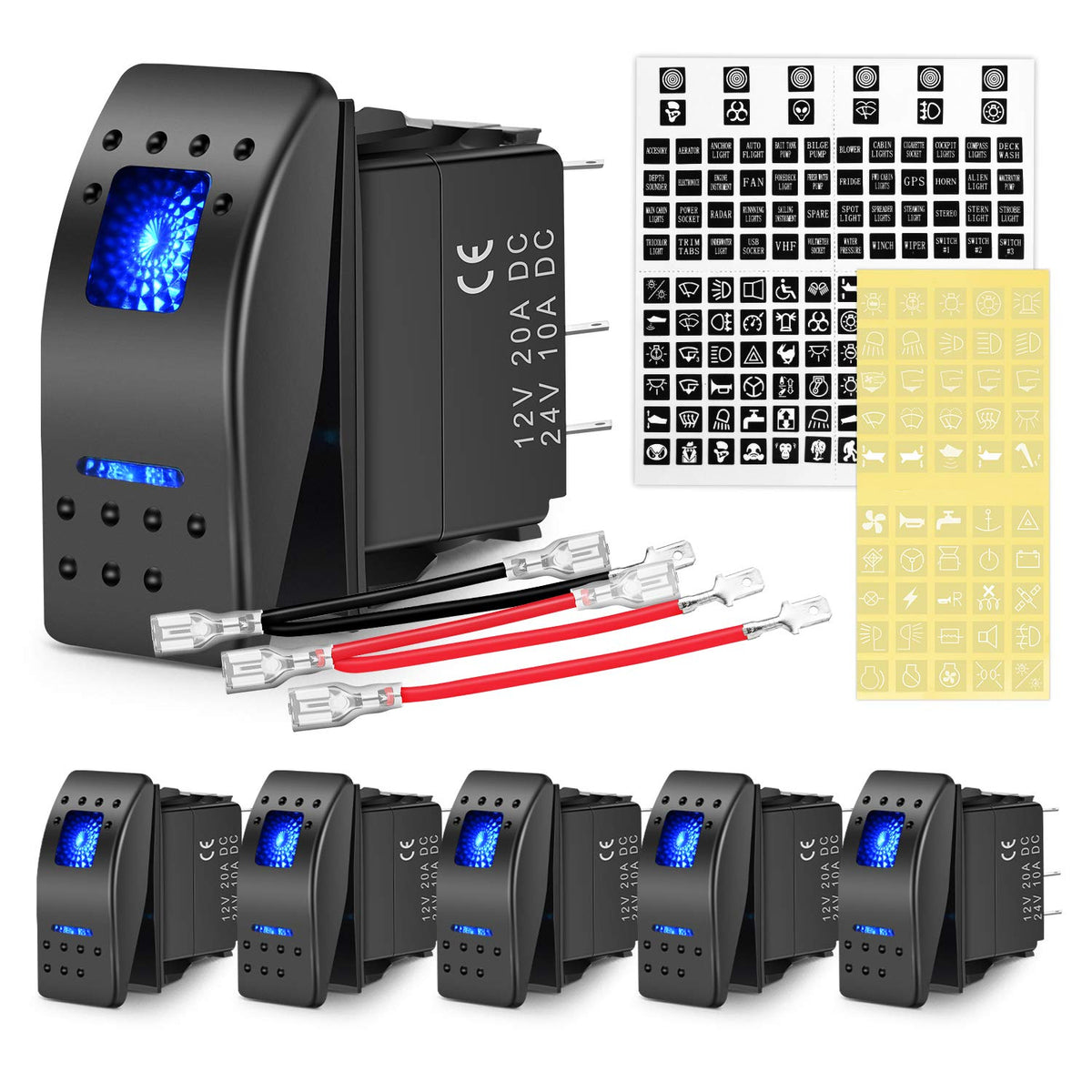Nilight 6PCS 5PIN SPST Rocker Switches with 6 Sets Jumper Wires Set 20A/12V 10A/24V On/Off Toggle Switches with Night Glow Stick