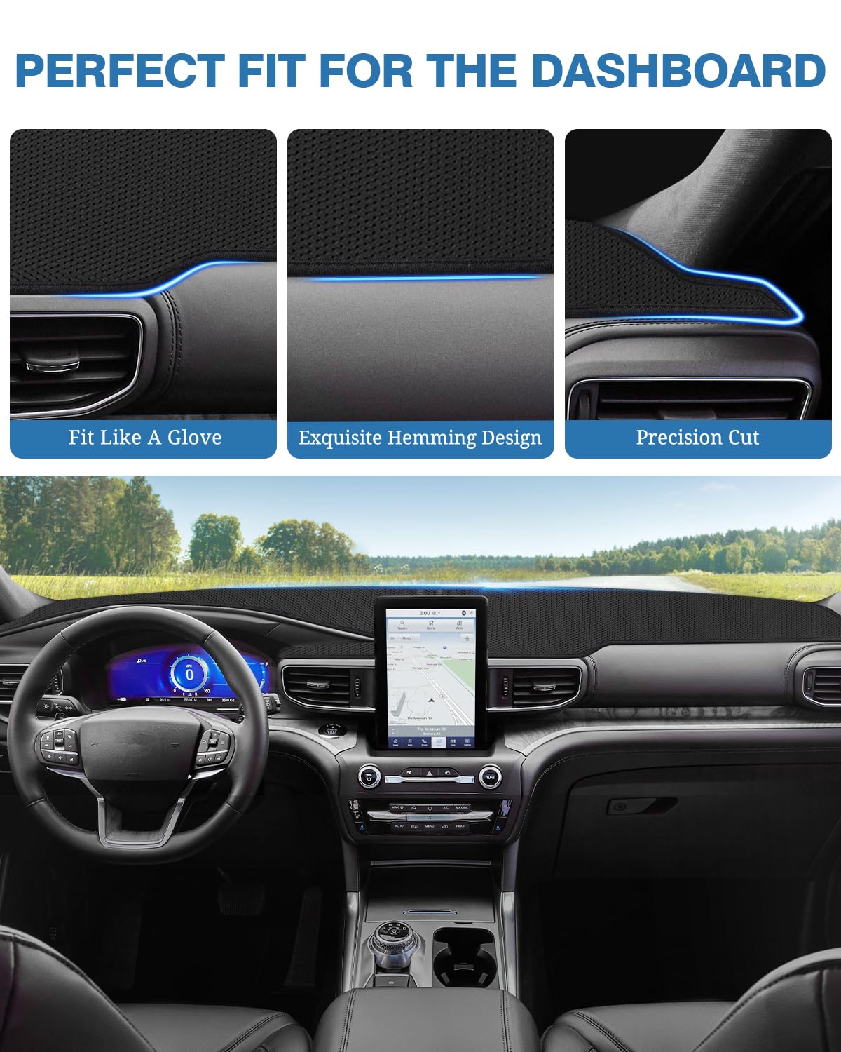 Fiilines Dash Cover For 2020-2025 Ford Explorer, Dashboard Mat Cover Sunshade Nonslip Mesh Protector No Glare Black