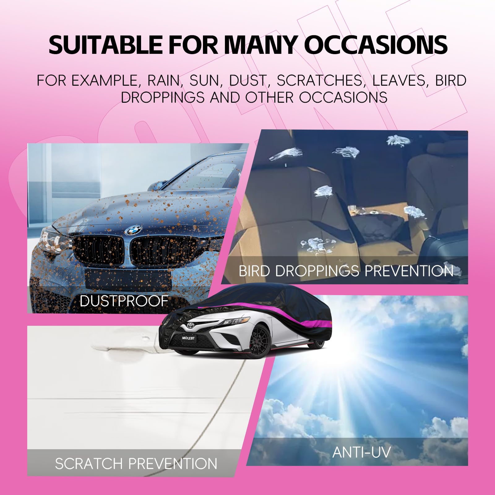 Car Cover Waterproof All Weather For Sedan Coupe, Pink Car Covers For Automobiles, Outdoor Full Exterior Cover Rain Snow Protect