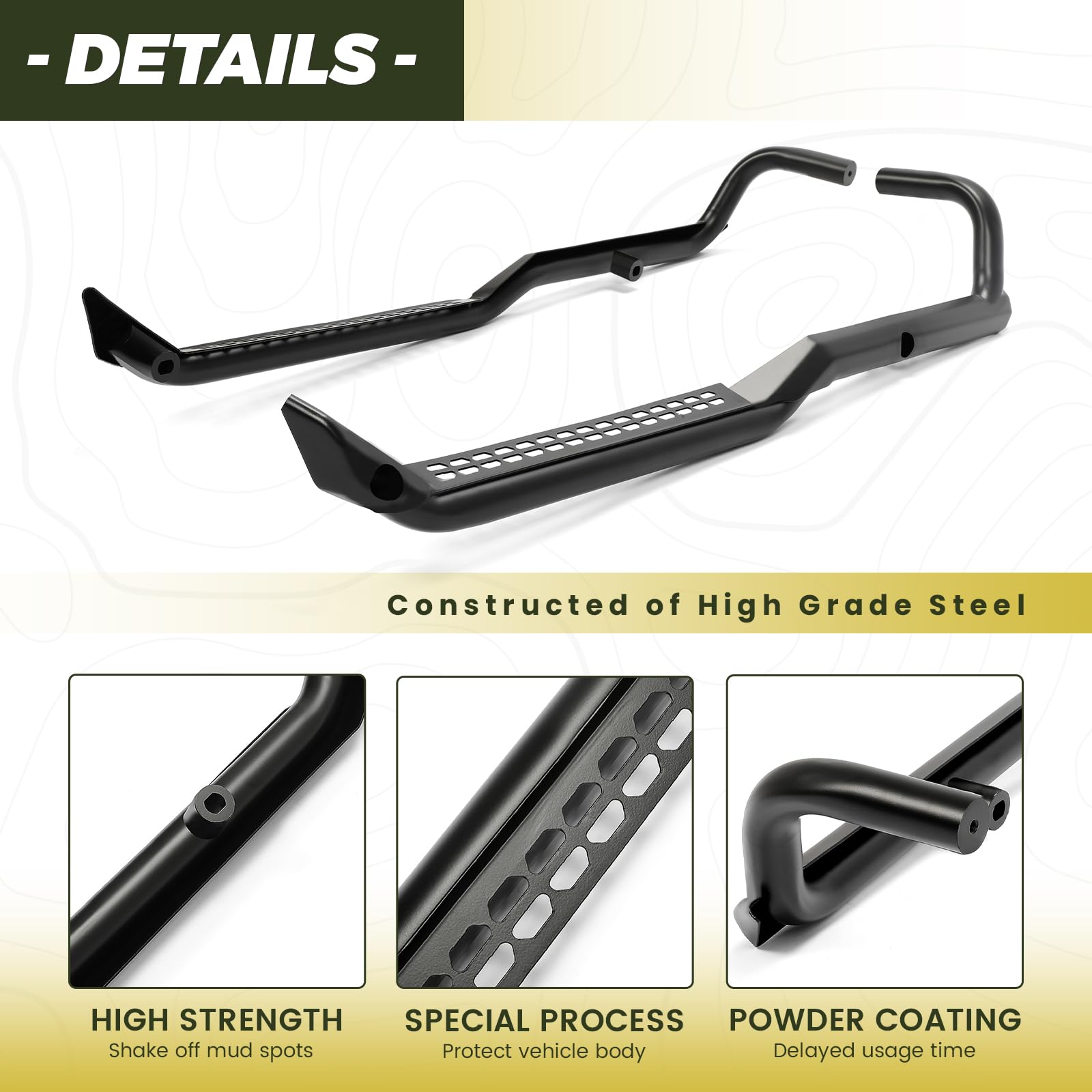 Kojem Rock Guards Sliders Side Steps for 2018-2023 Polaris Ranger XP/1000, Alloy Steel, Black, Model LYPS-022